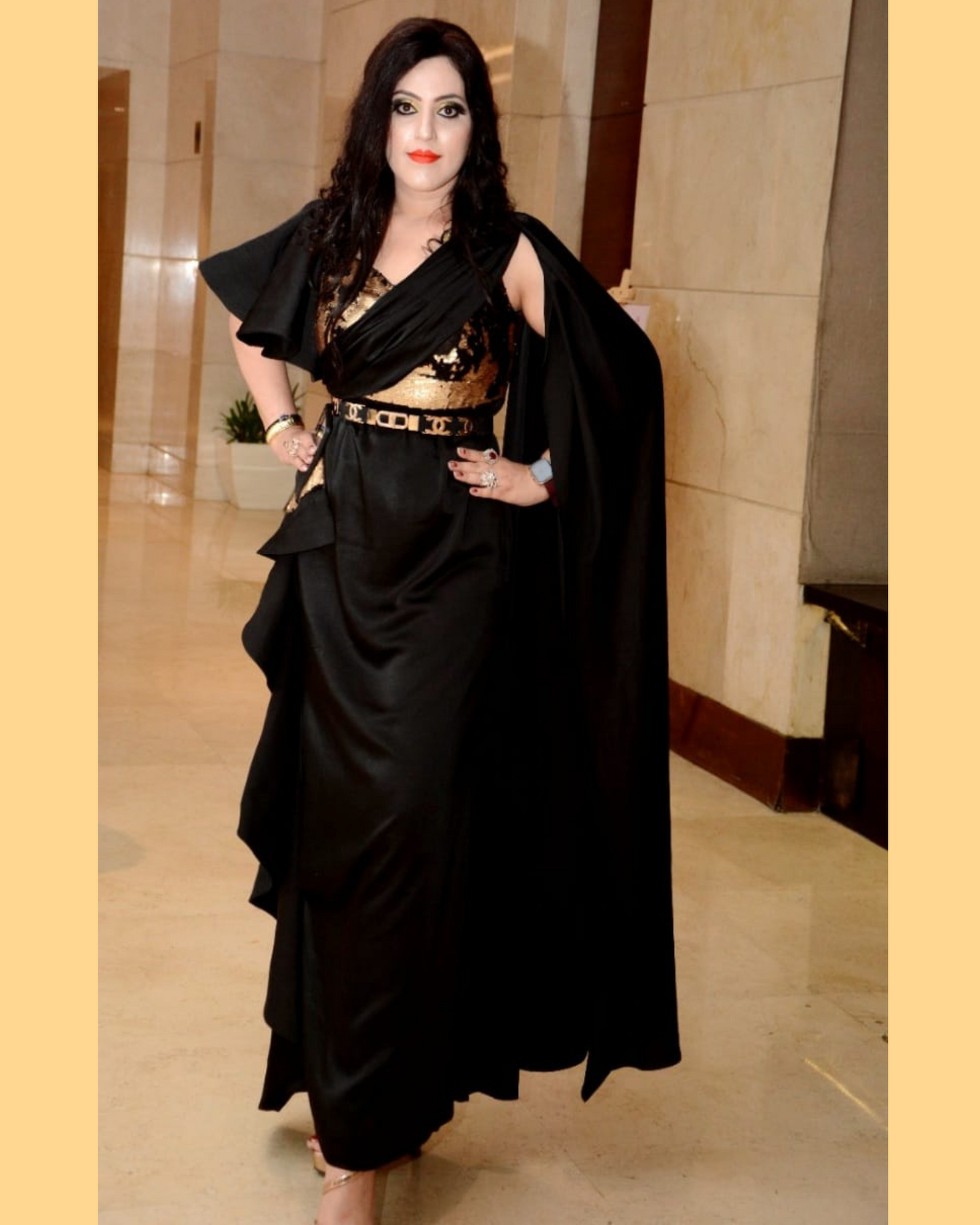 One piece Dress embellished with gold sequence shades