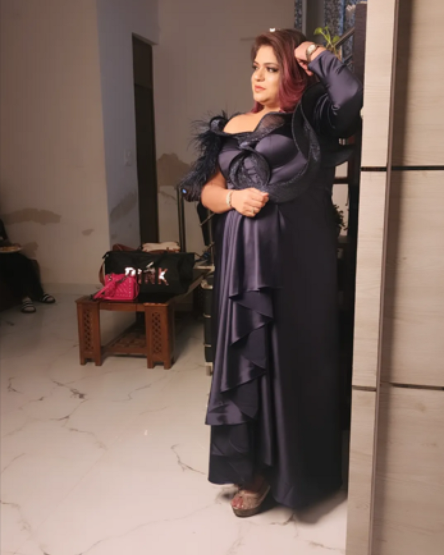One Piece Dress holding Power Shoulder Embellished with Feathers