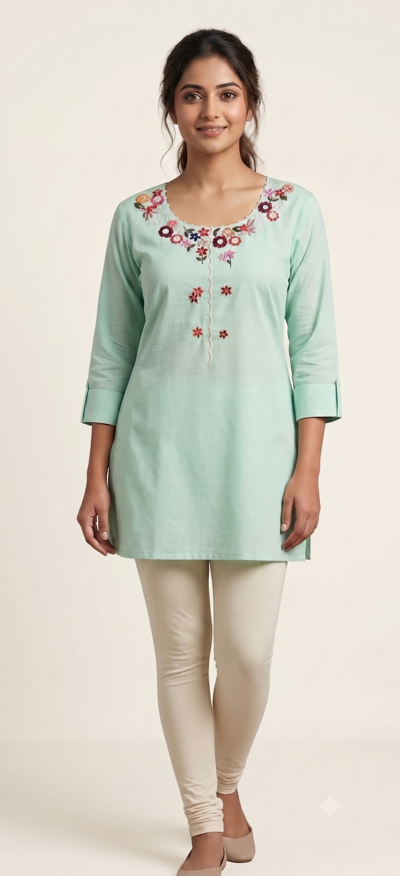 Mint Green Floral Embroidered Short Kurta