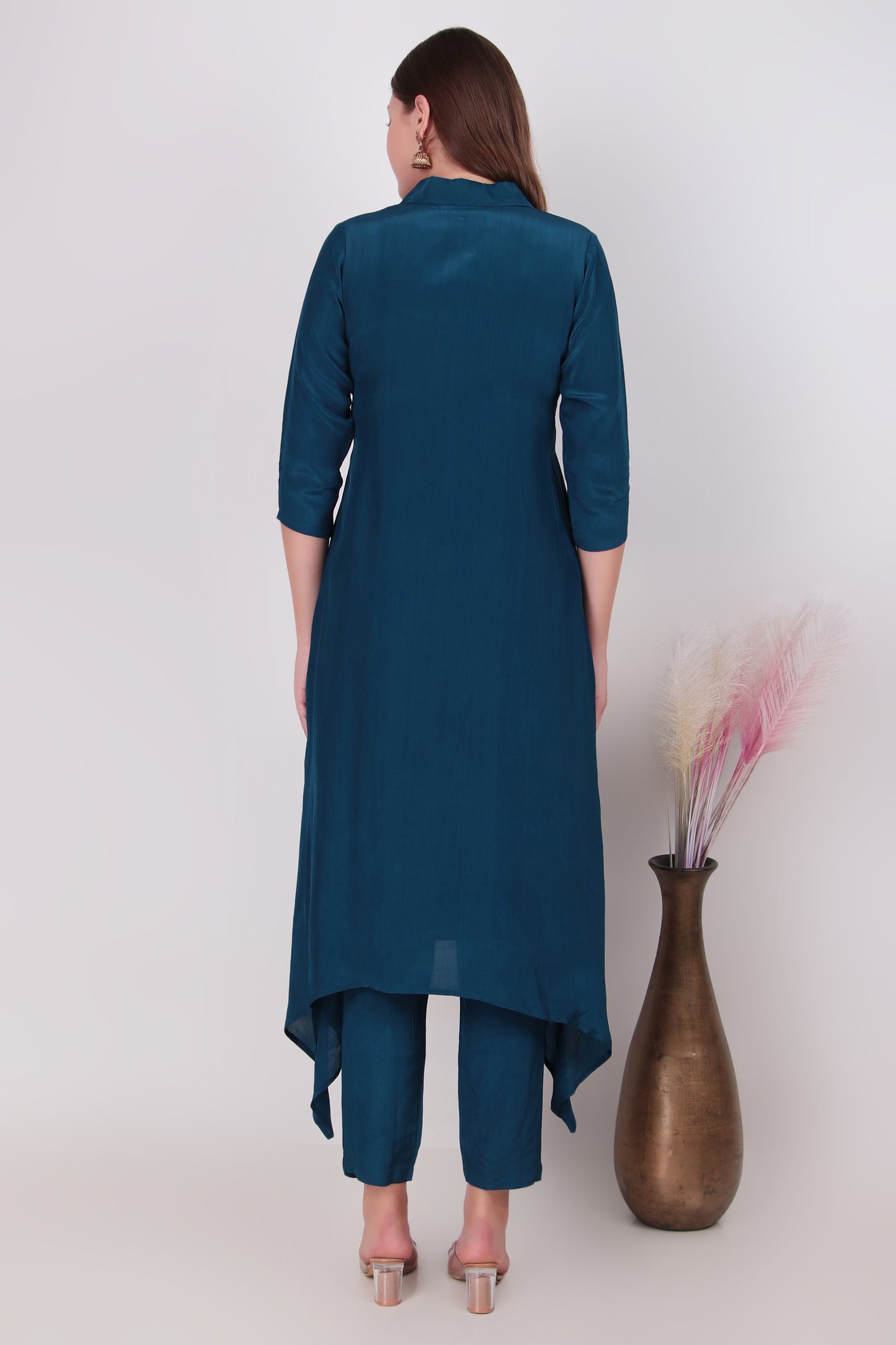 Teal Blue Cotton-Silk Palm Tree Applique Asymmetric Kurta and Pant Set