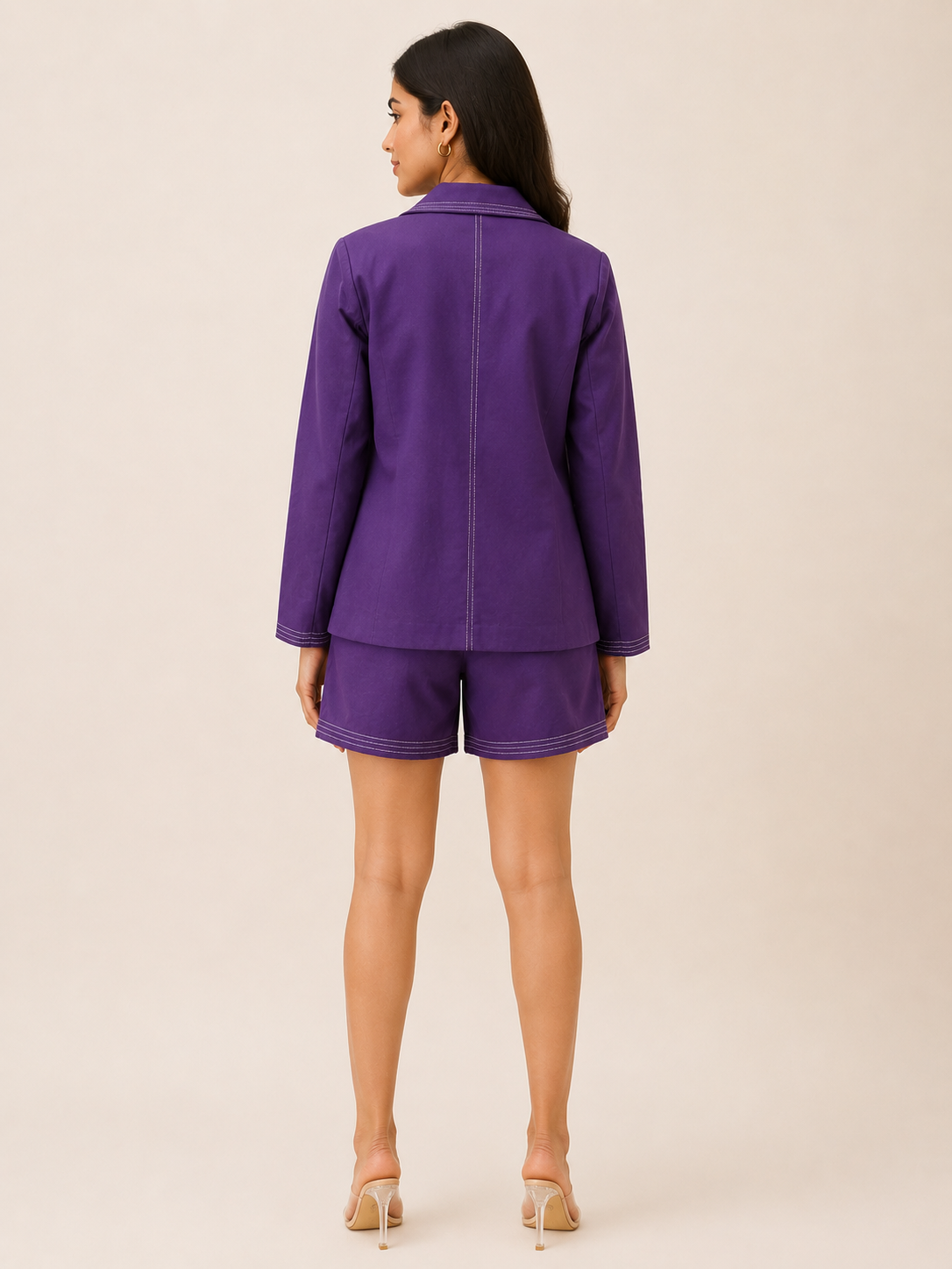 Purple Contrast-Stitch Blazer & Shorts Set