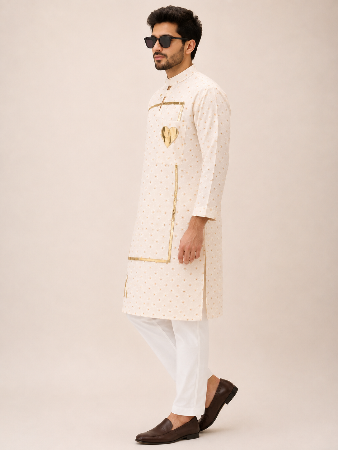 Off-White Kurta with Gold Metallic Accents