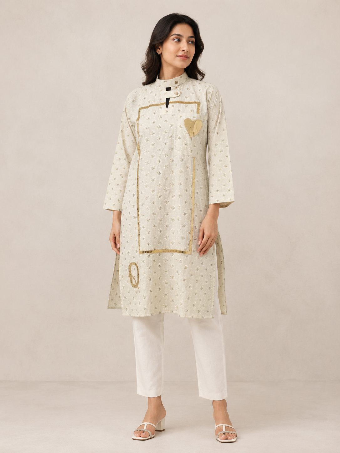 Off-White Kurti with Metallic Gold Accents