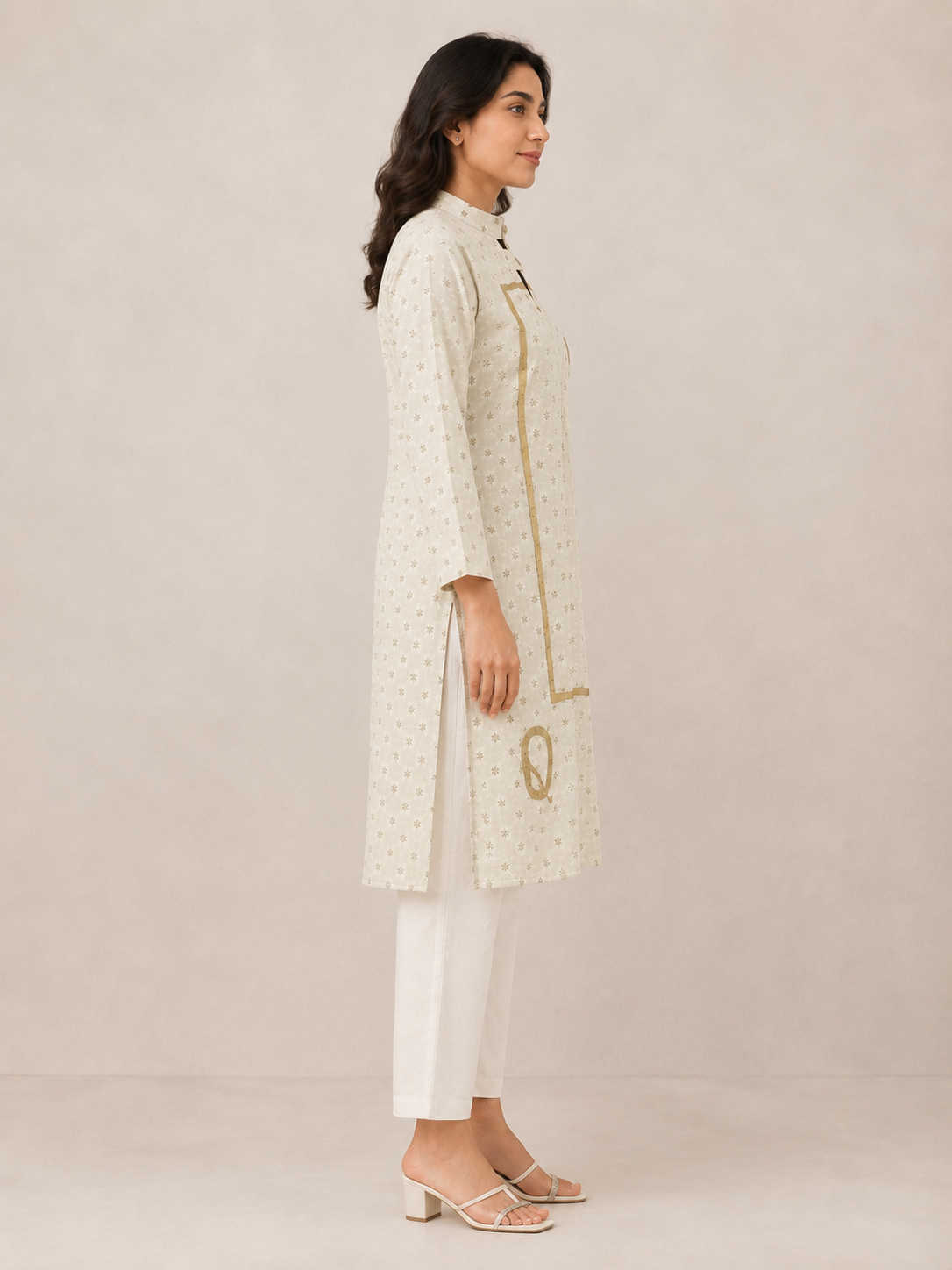 Off-White Kurti with Metallic Gold Accents