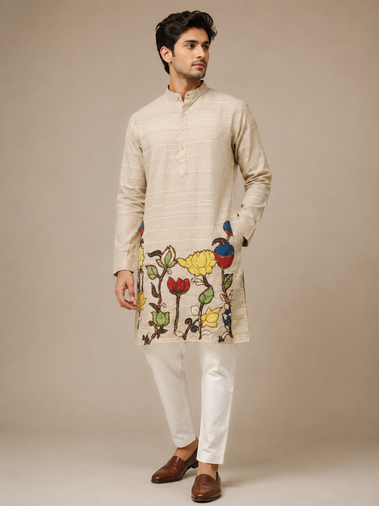 Beige Floral Motif Short Kurta