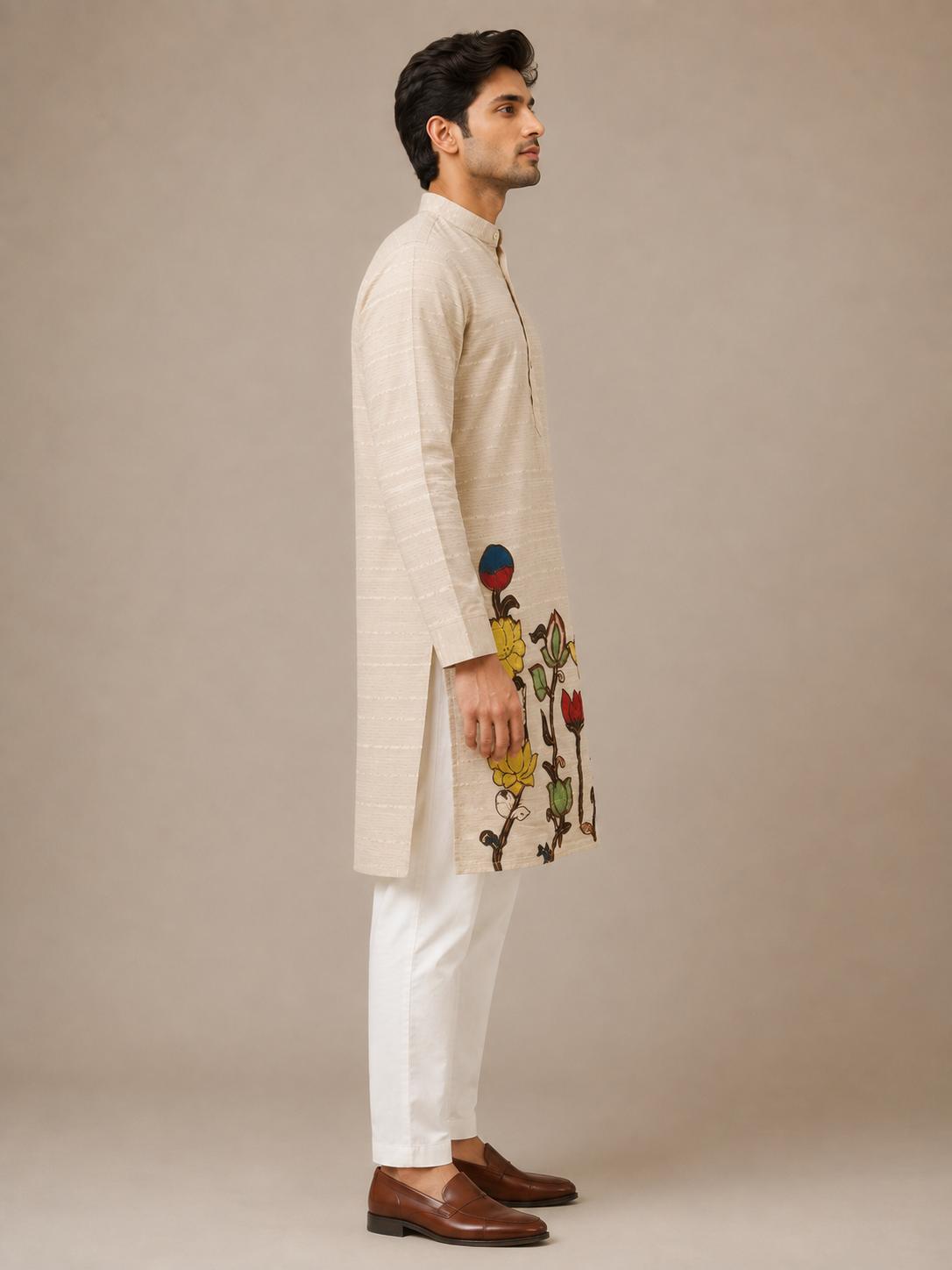 Beige Floral Motif Short Kurta