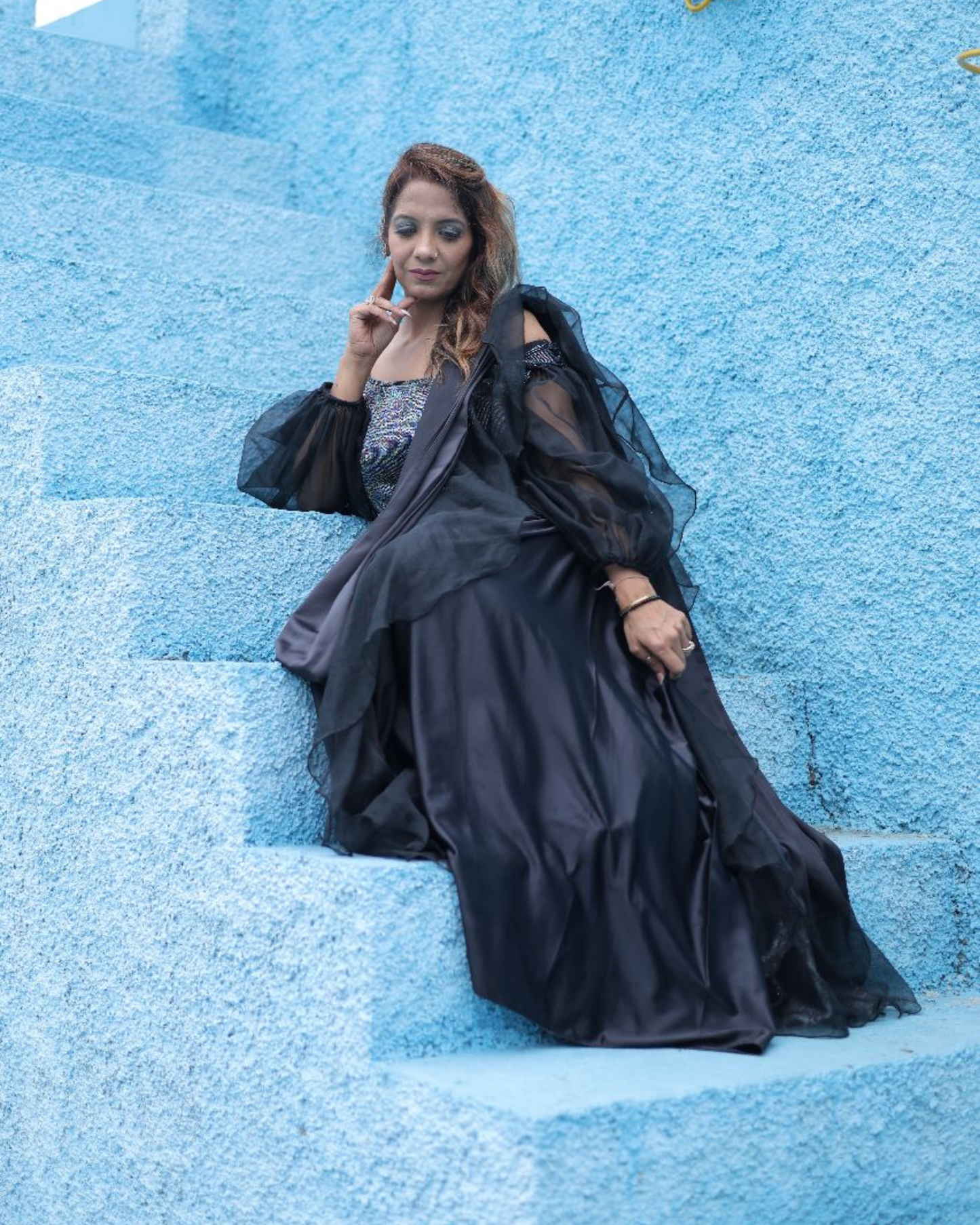 Black drape saree with hand embroidered blouse