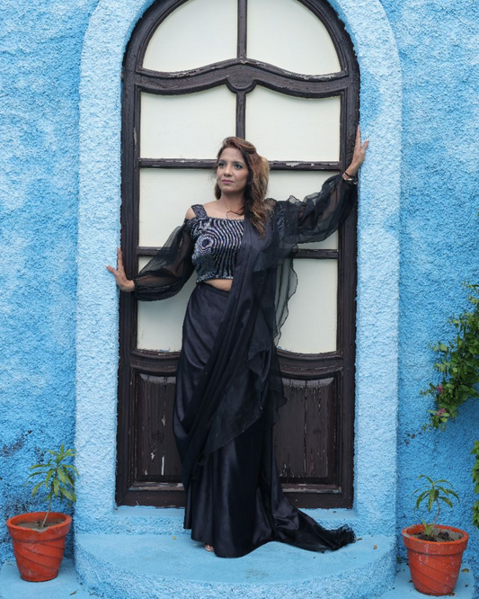Black drape saree with hand embroidered blouse