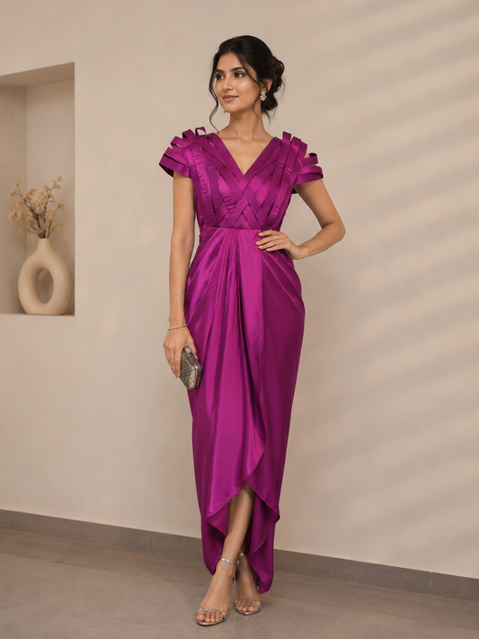 The Woven Satin Architectural Gown in Magenta