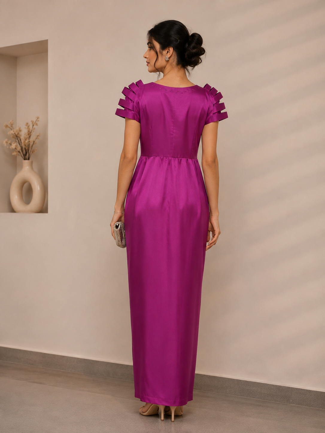 The Woven Satin Architectural Gown in Magenta