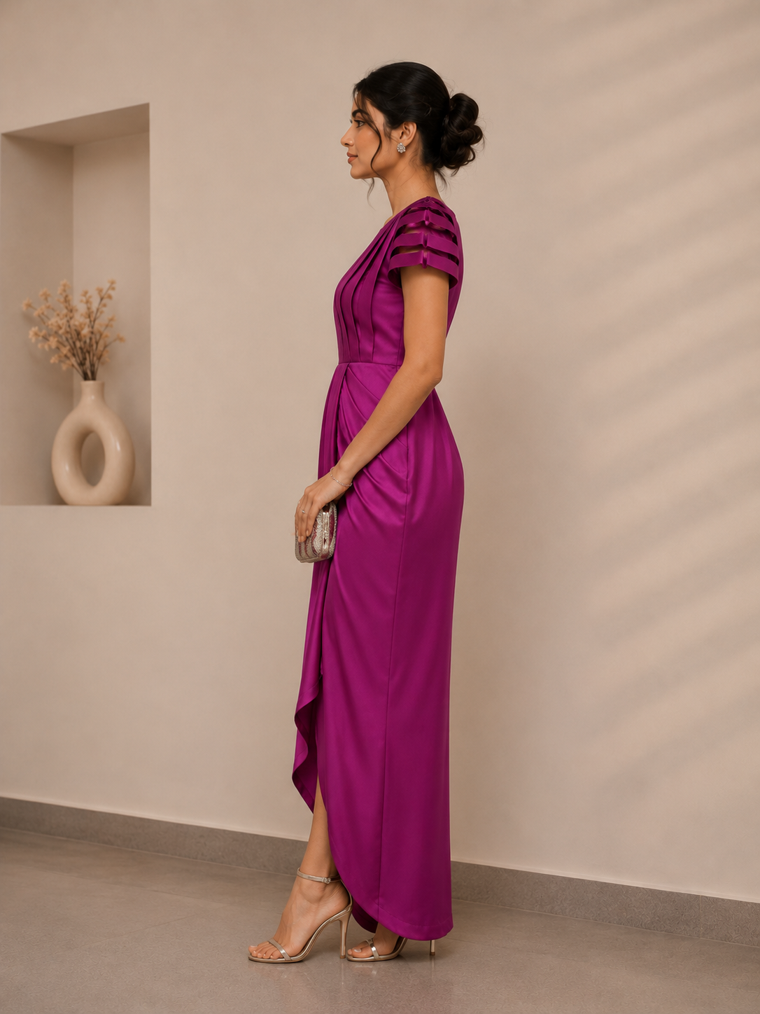 The Woven Satin Architectural Gown in Magenta