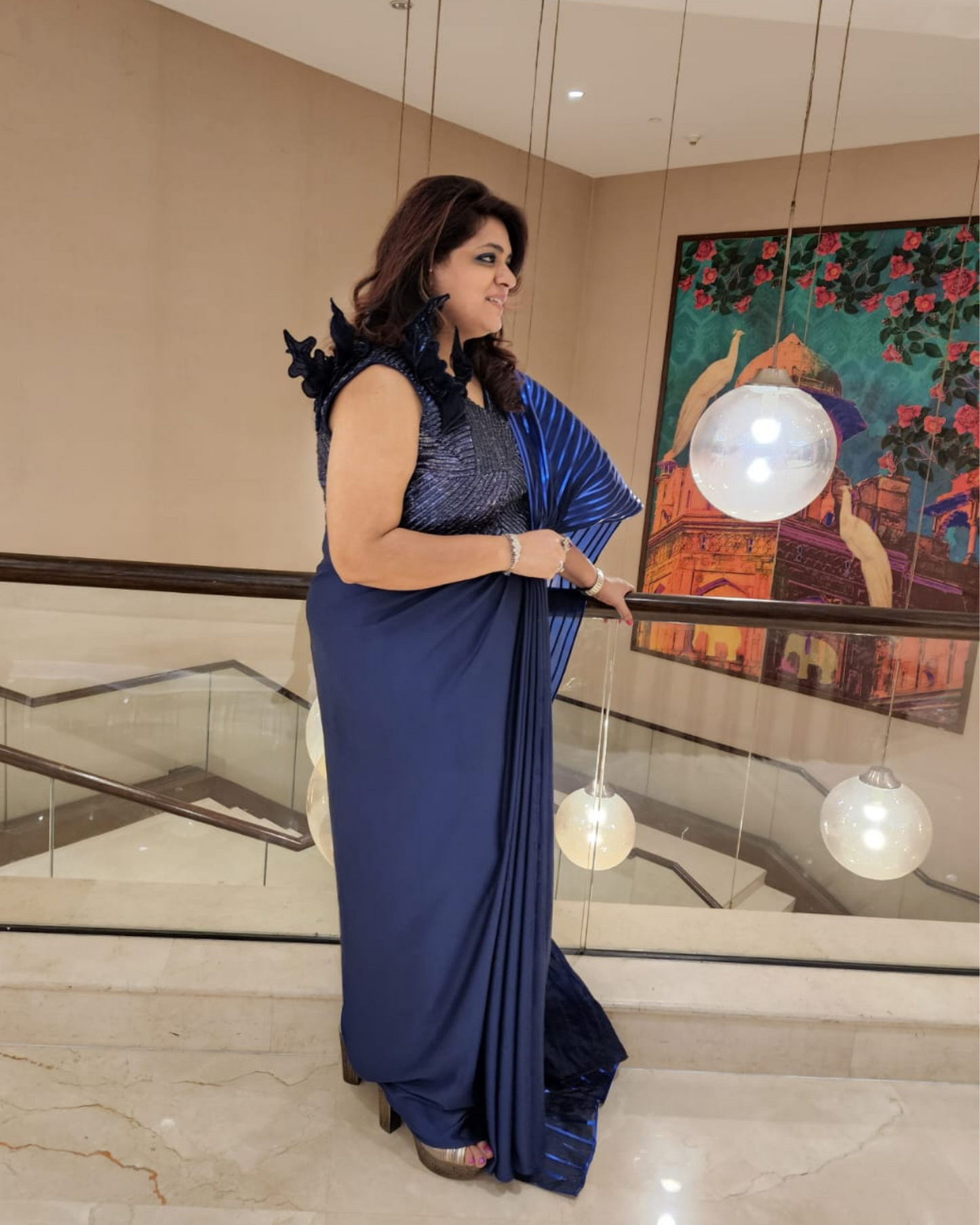 Blue drape saree with taping
