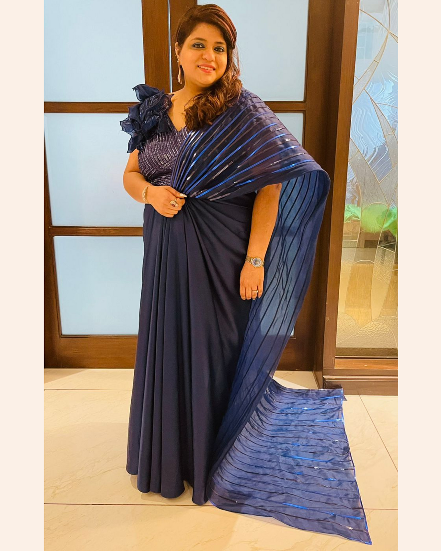Blue drape saree with taping