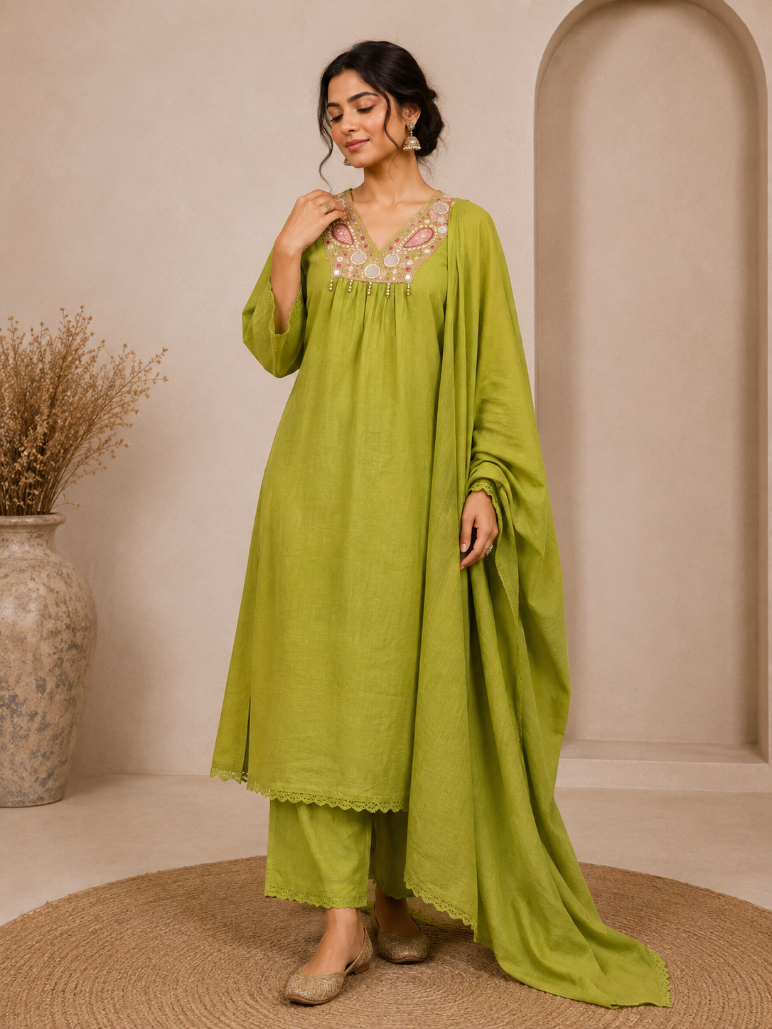 Olive Green Embroidered Suit Set