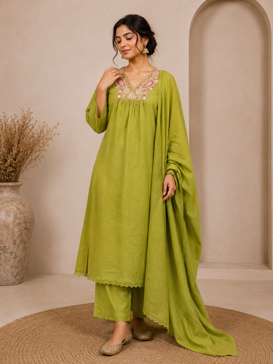 Olive Green Embroidered Suit Set