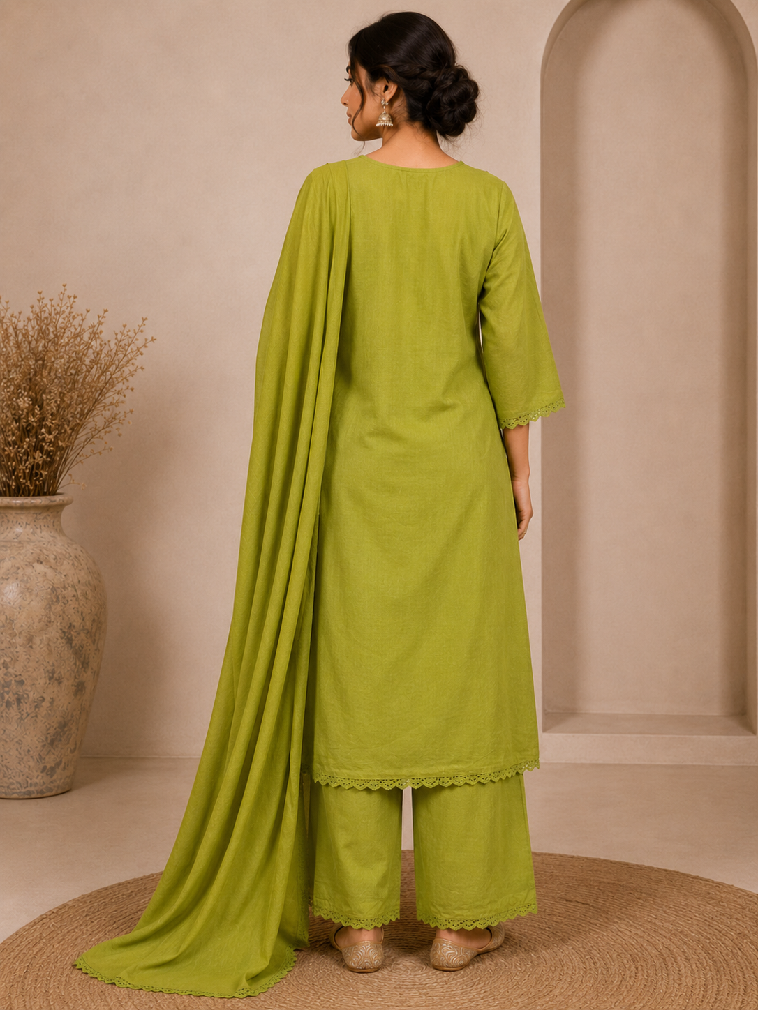 Olive Green Embroidered Suit Set