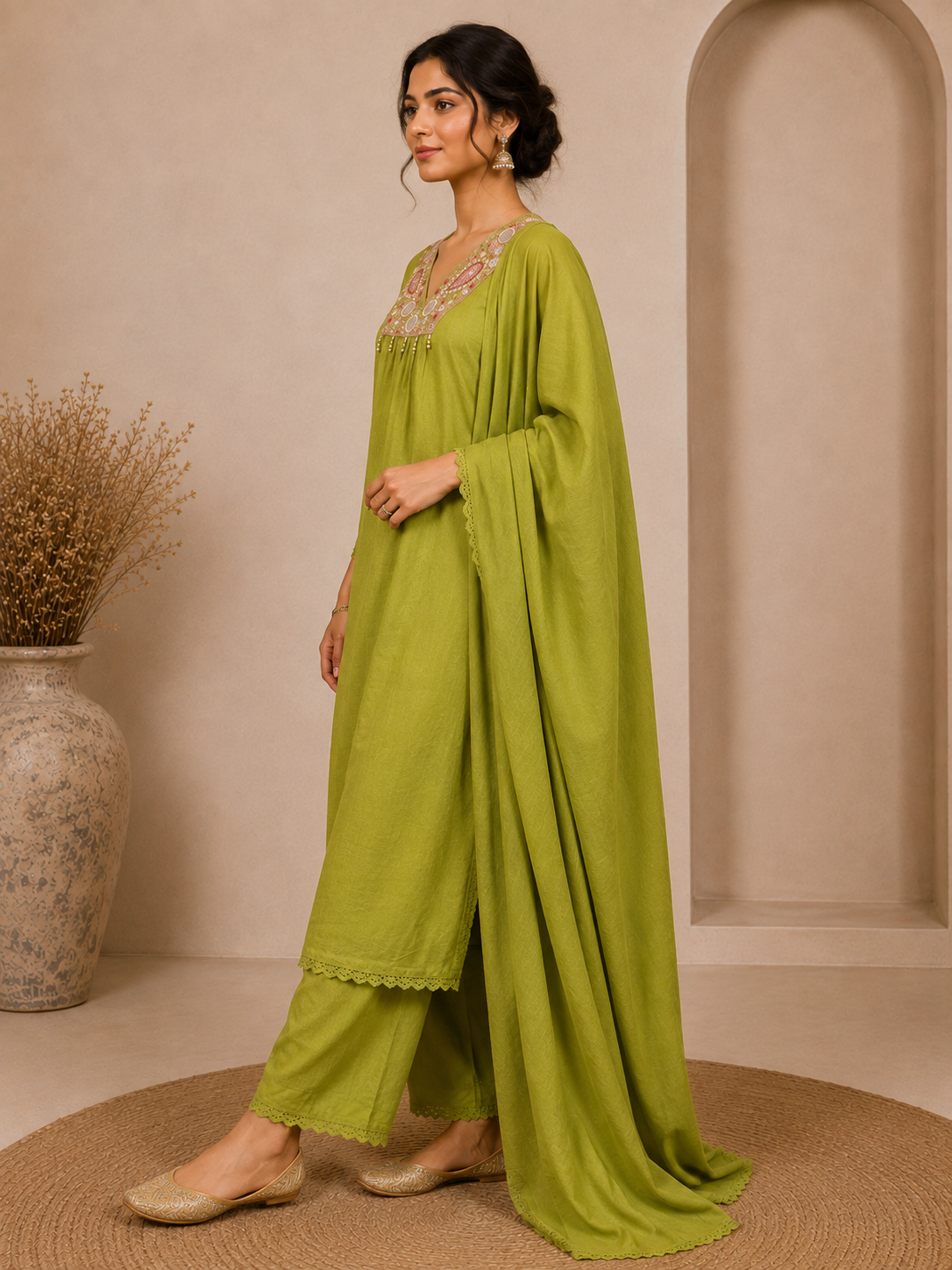 Olive Green Embroidered Suit Set