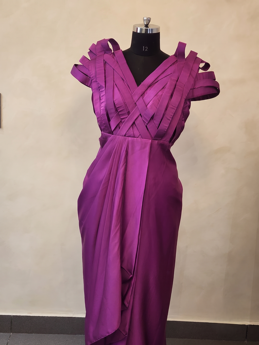 The Woven Satin Architectural Gown in Magenta