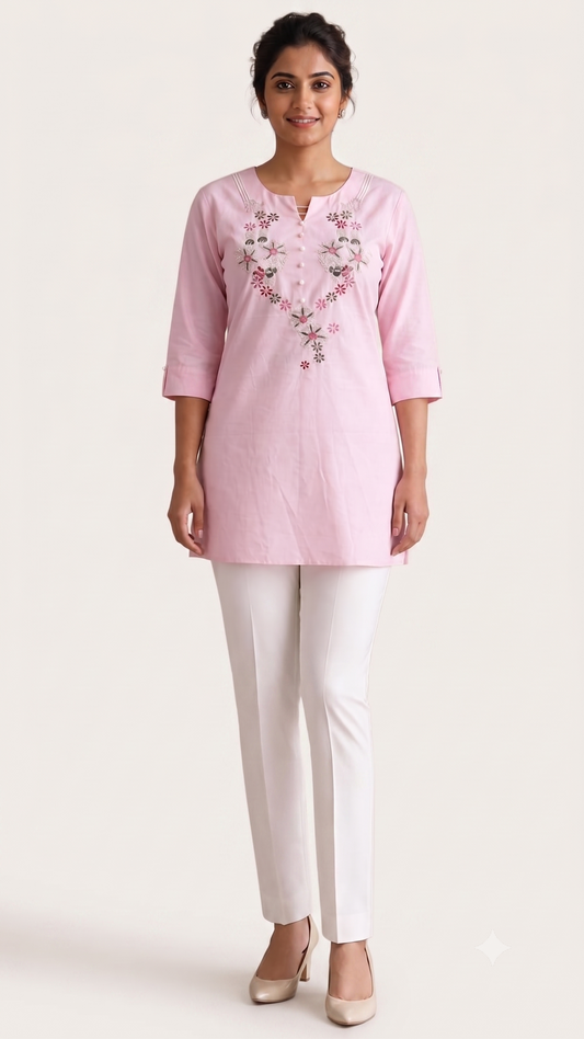 Light Pink Embroidered Short Kurta
