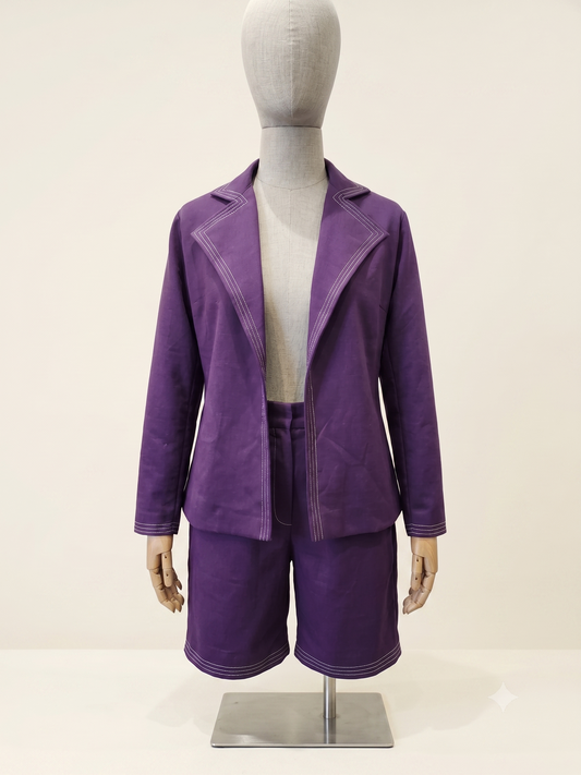Purple Contrast-Stitch Blazer & Shorts Set