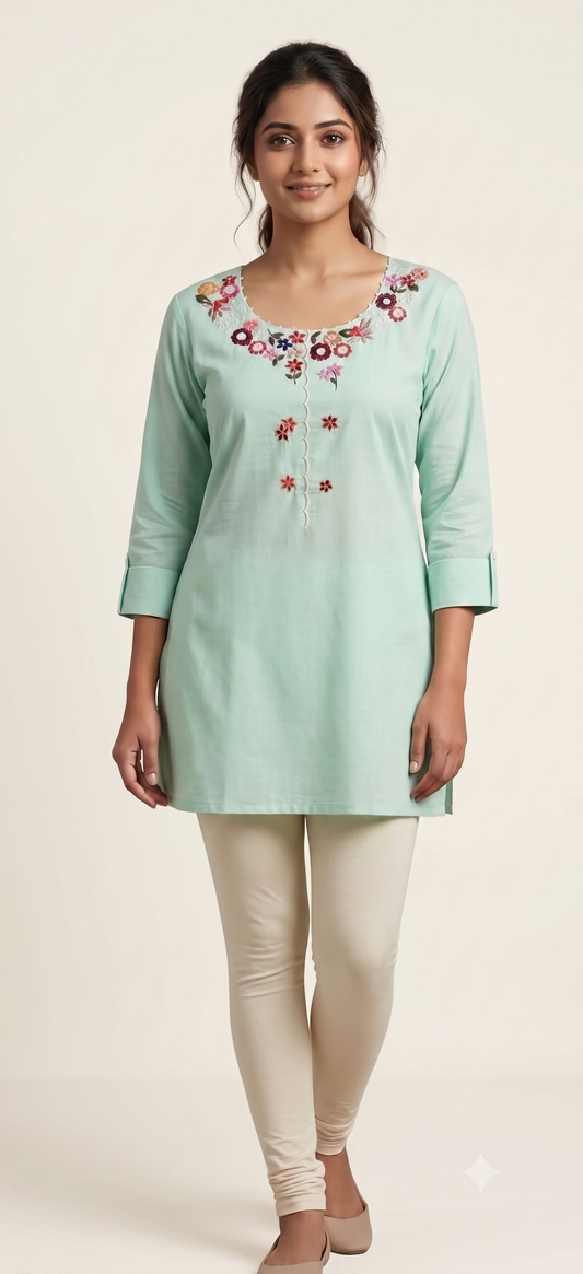 Mint Green Floral Embroidered Short Kurta