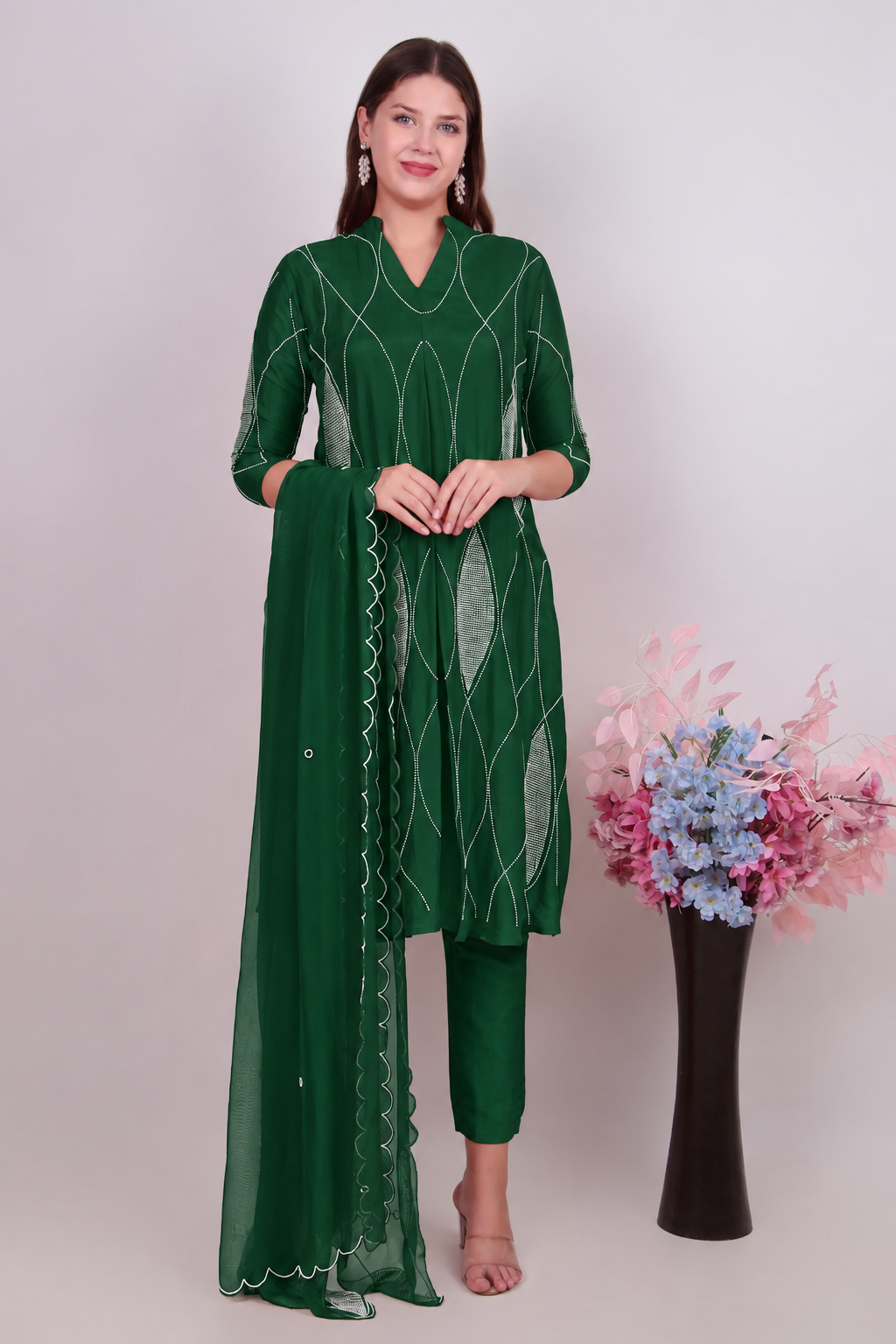 Ethnic Green Cotton-Silk Kurta, Trousers & Matching Dupatta Set