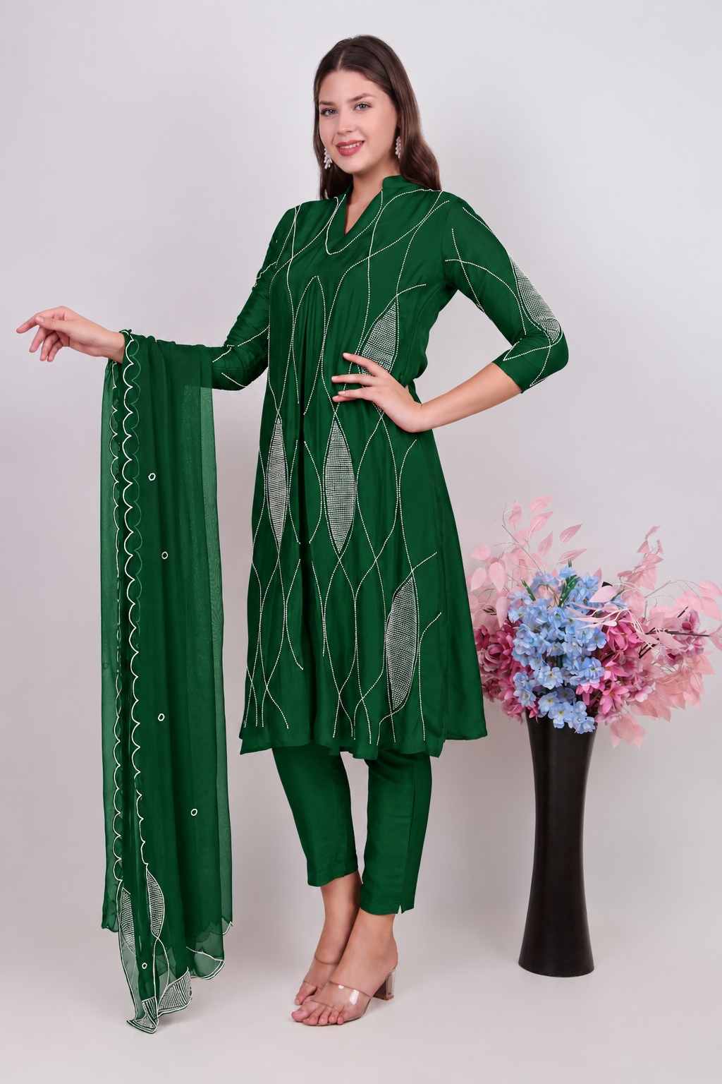 Ethnic Green Cotton-Silk Kurta, Trousers & Matching Dupatta Set