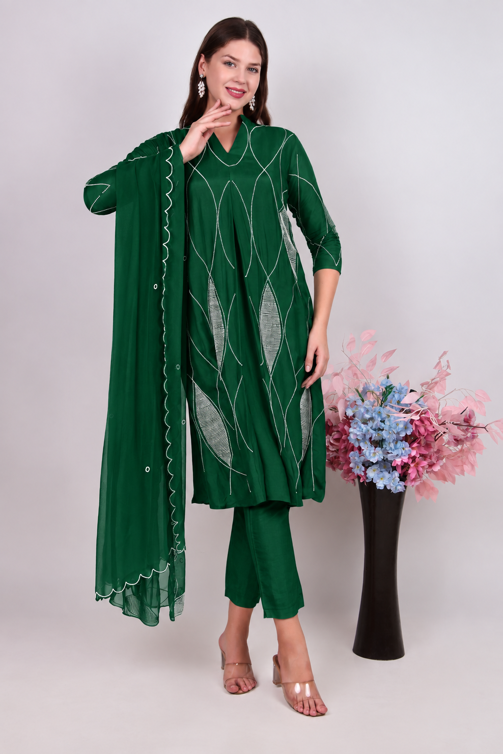 Ethnic Green Cotton-Silk Kurta, Trousers & Matching Dupatta Set