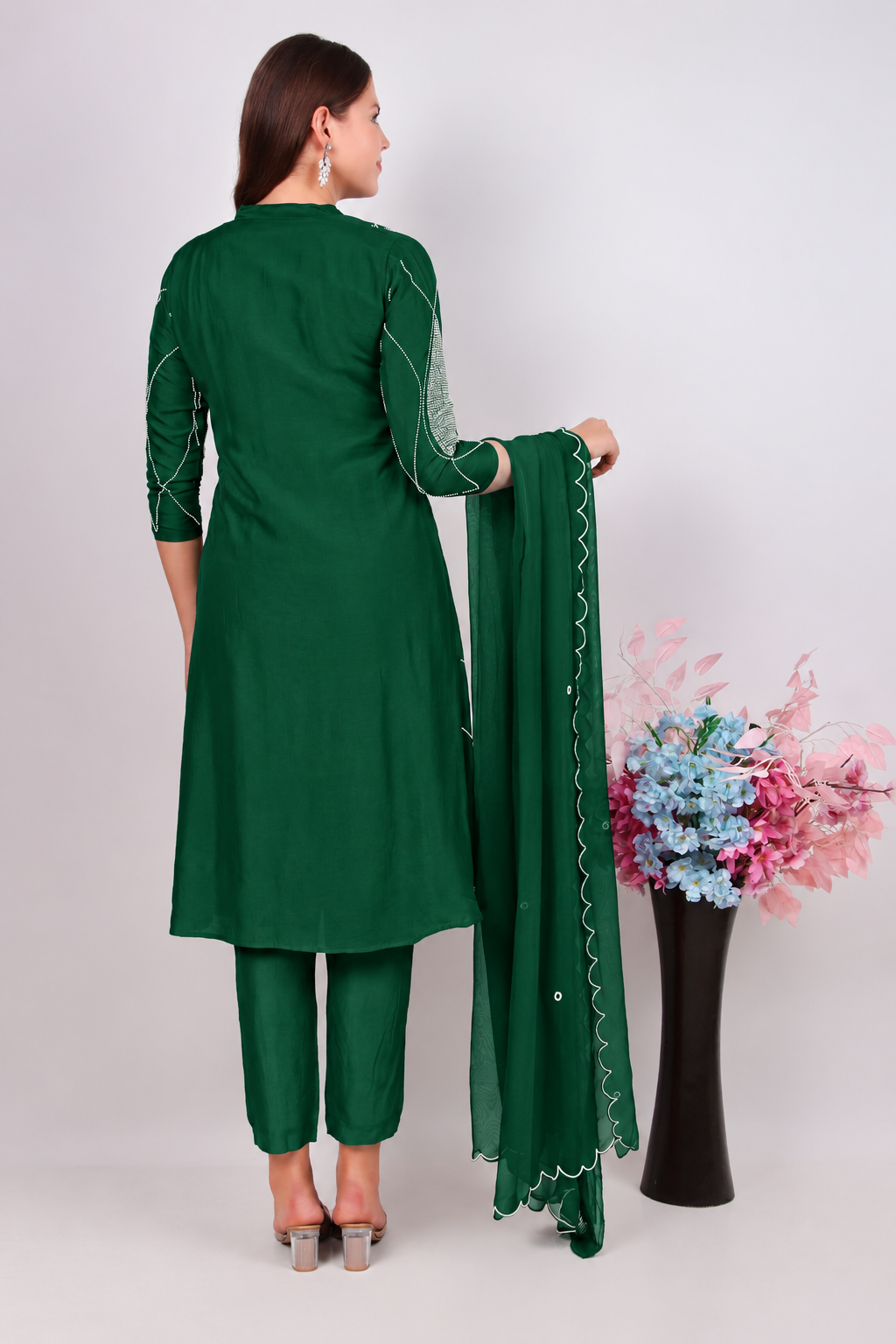 Ethnic Green Cotton-Silk Kurta, Trousers & Matching Dupatta Set