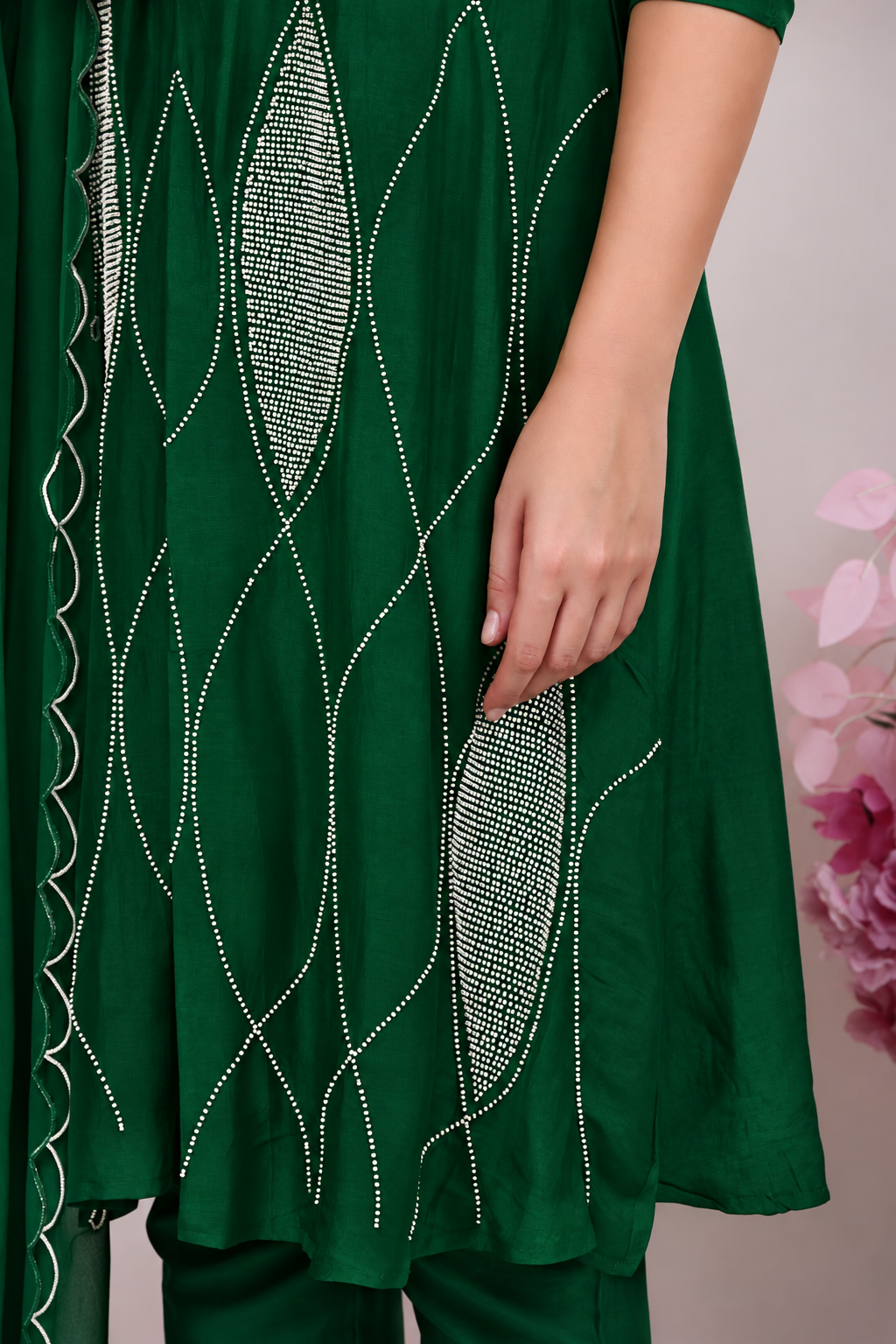 Ethnic Green Cotton-Silk Kurta, Trousers & Matching Dupatta Set