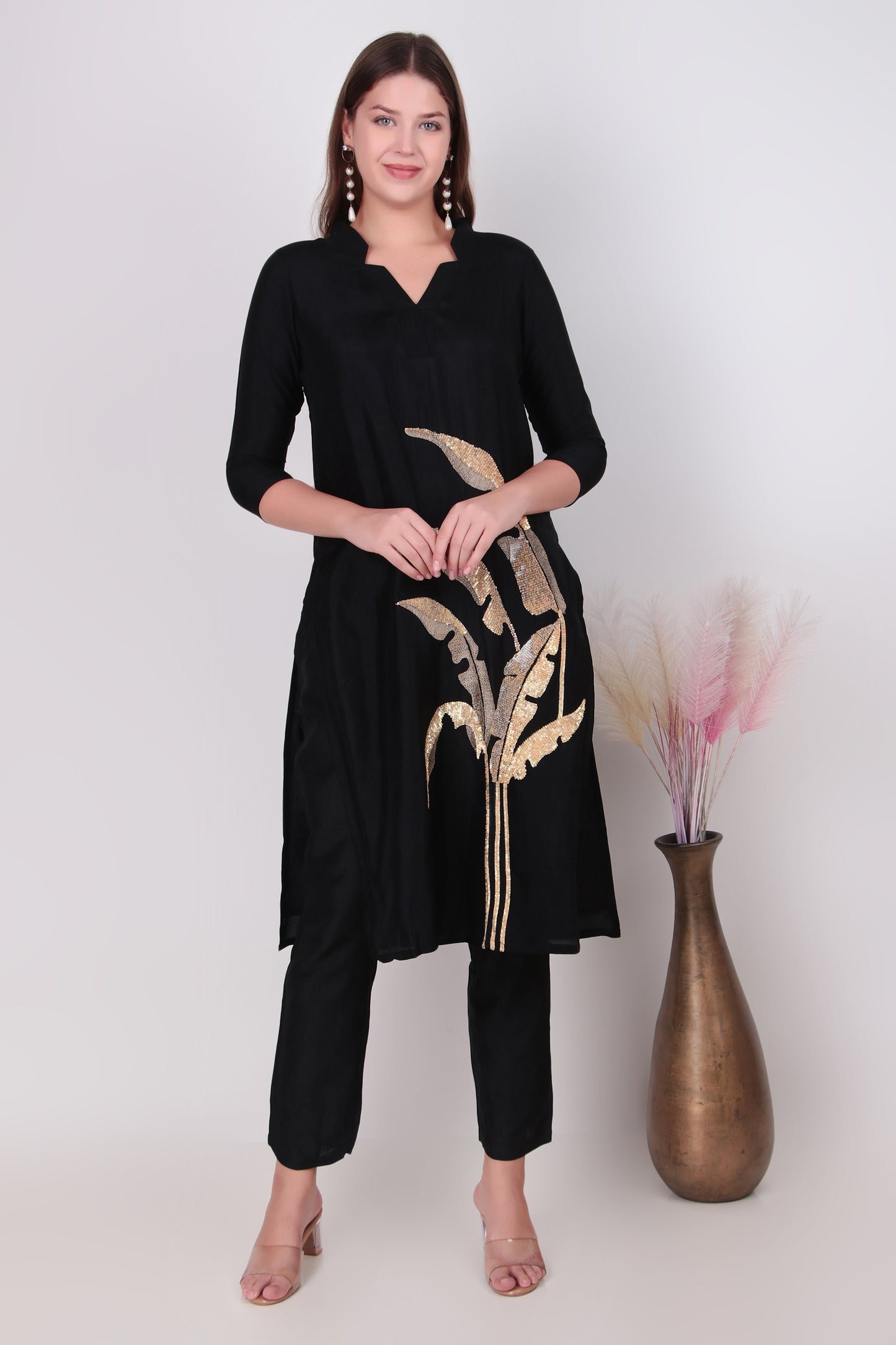 Midnight Black Cotton-Silk Sequined Leaf Motif Kurta Set with Pants