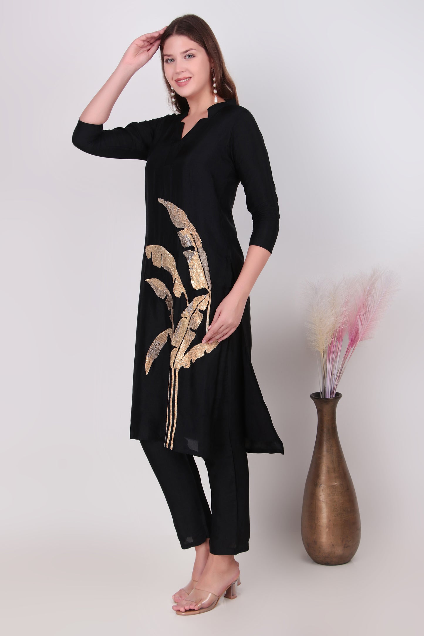 Midnight Black Cotton-Silk Sequined Leaf Motif Kurta Set with Pants