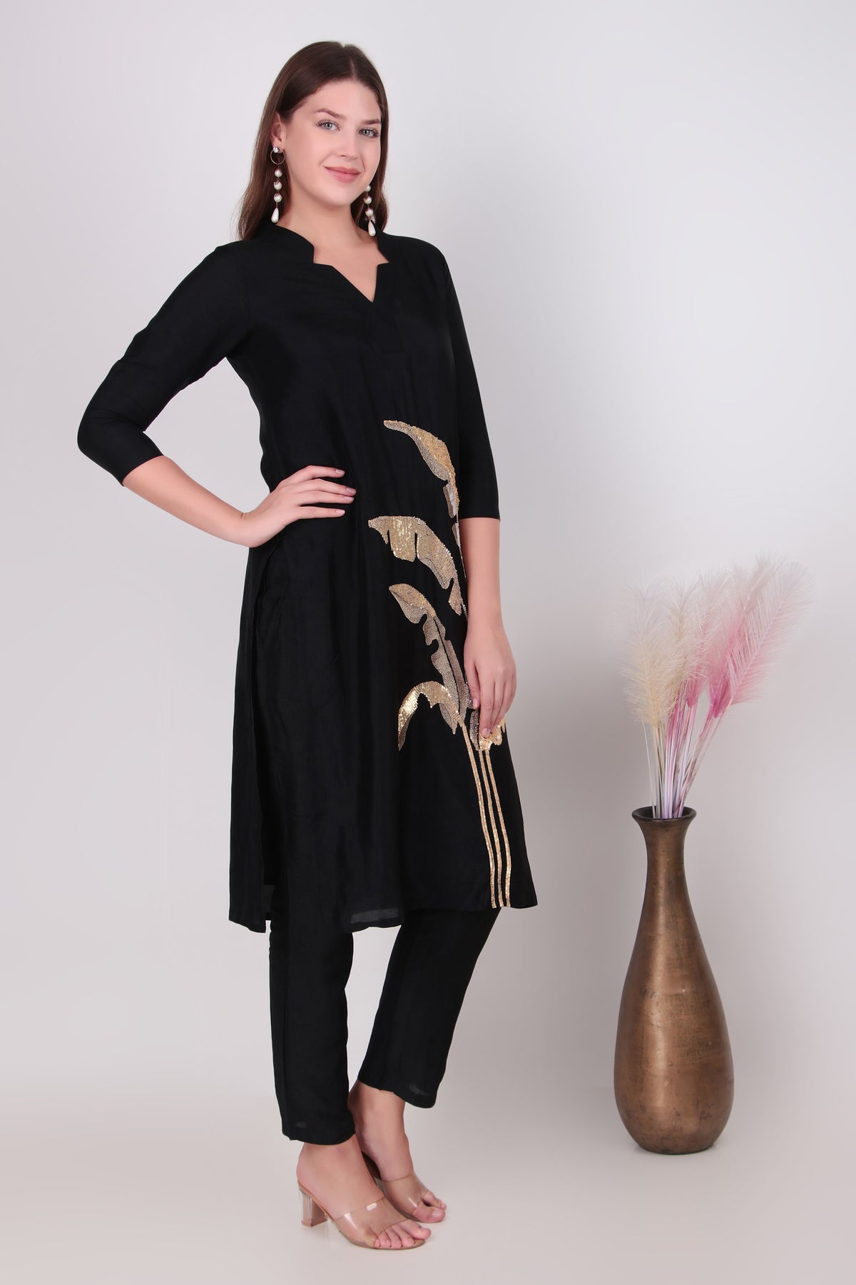 Midnight Black Cotton-Silk Sequined Leaf Motif Kurta Set with Pants