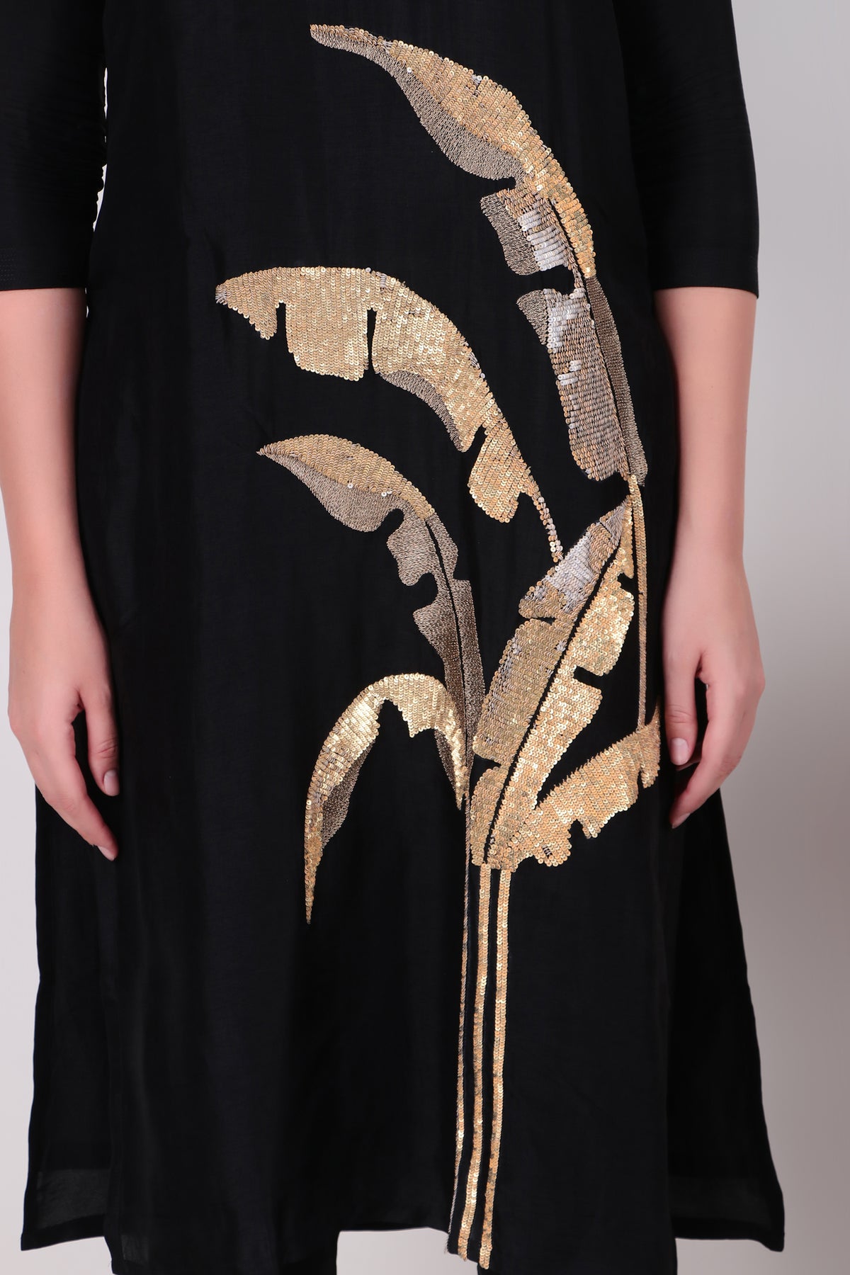 Midnight Black Cotton-Silk Sequined Leaf Motif Kurta Set with Pants