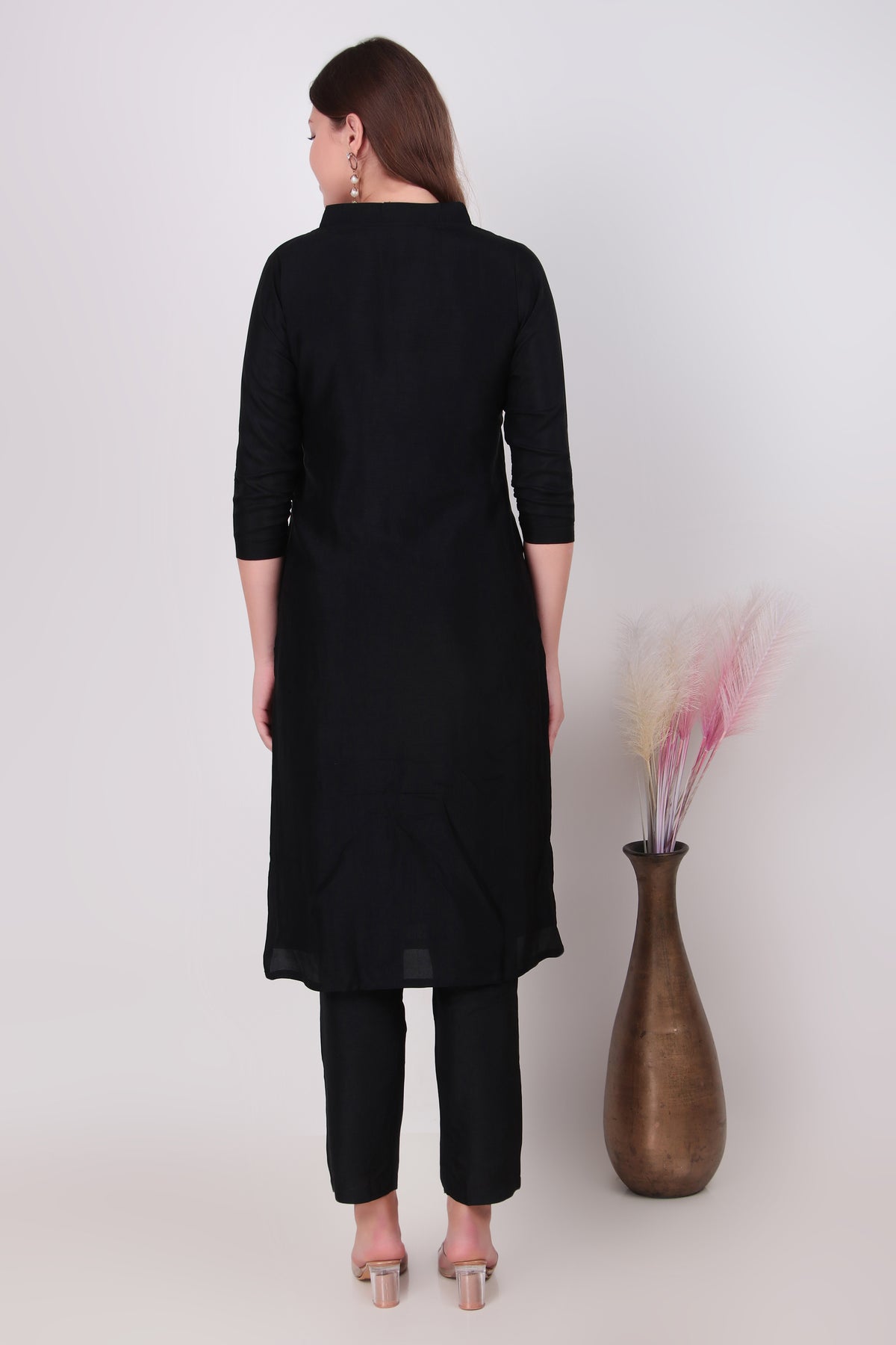 Midnight Black Cotton-Silk Sequined Leaf Motif Kurta Set with Pants