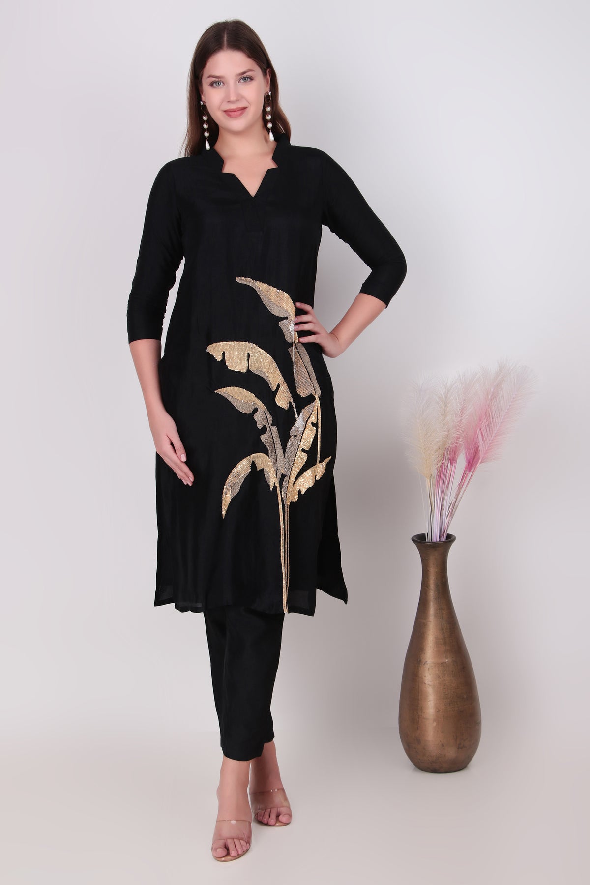 Midnight Black Cotton-Silk Sequined Leaf Motif Kurta Set with Pants