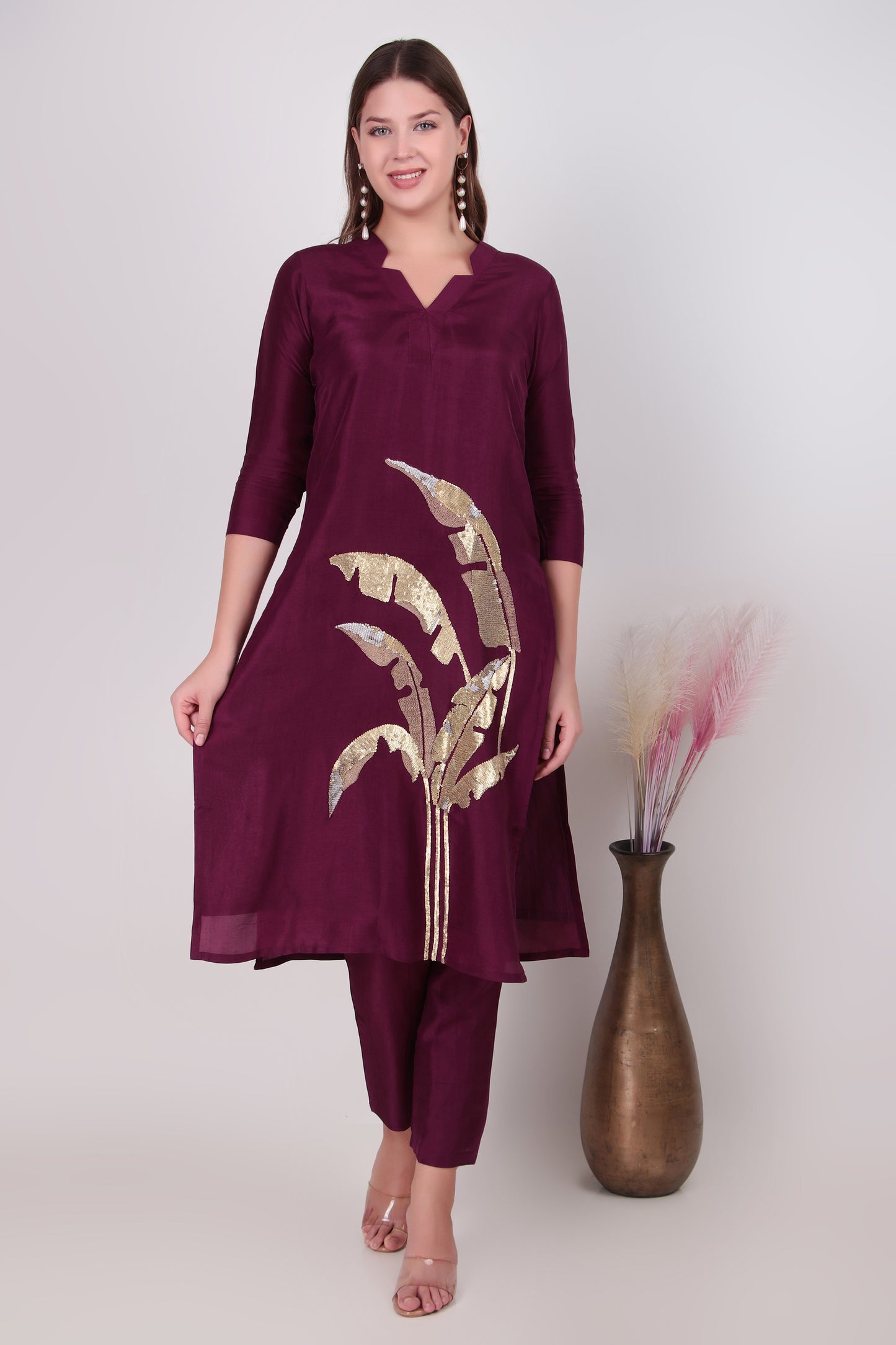 Deep Plum Cotton-Silk Sequined Leaf Motif Kurta Set with Pant