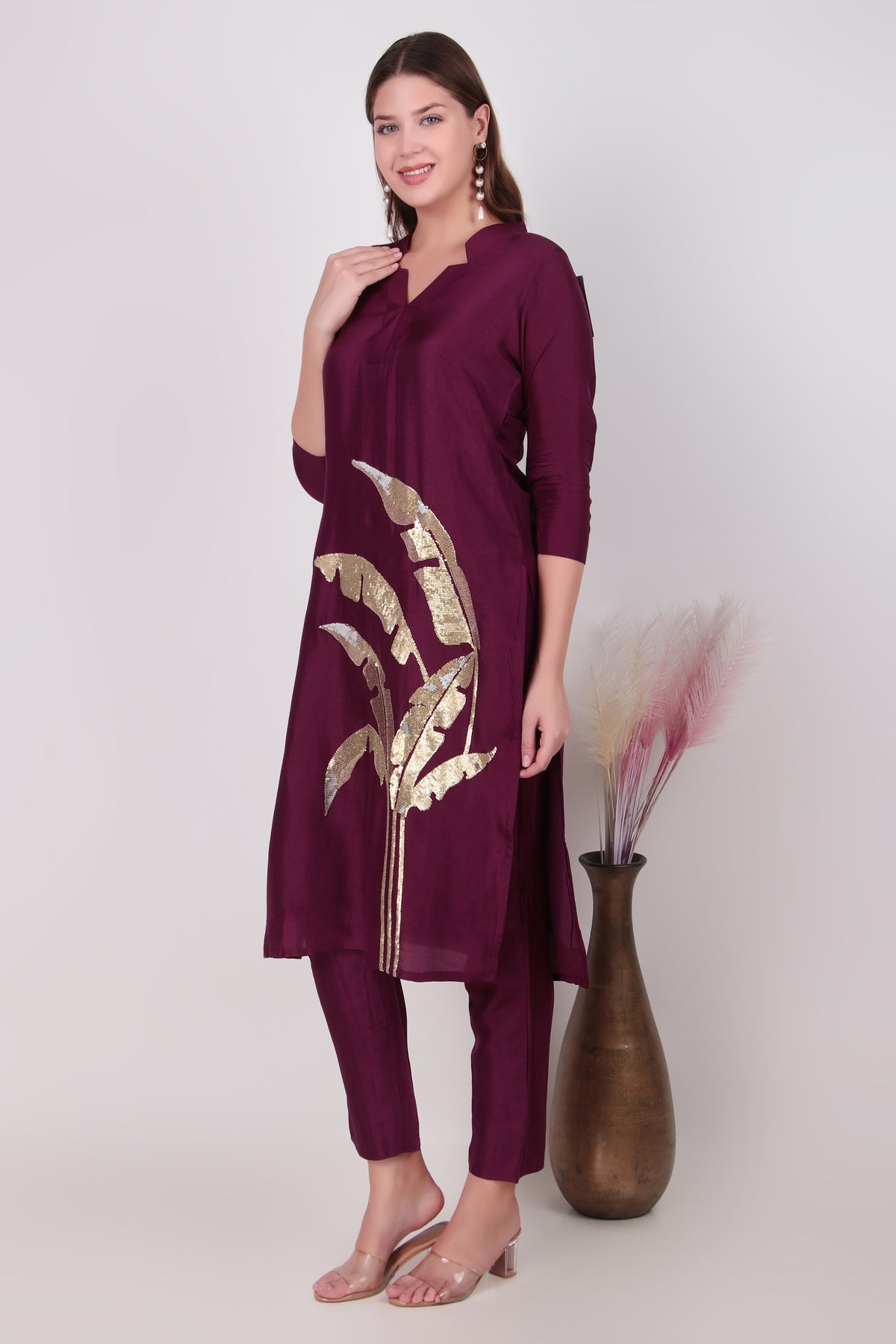 Deep Plum Cotton-Silk Sequined Leaf Motif Kurta Set with Pant