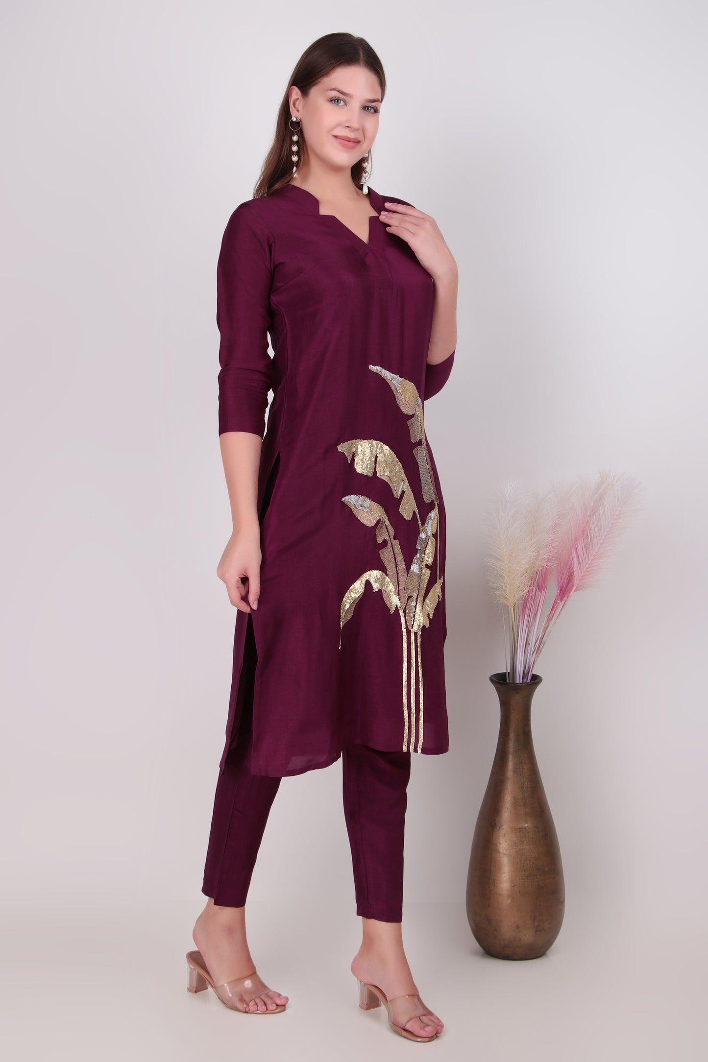 Deep Plum Cotton-Silk Sequined Leaf Motif Kurta Set with Pant