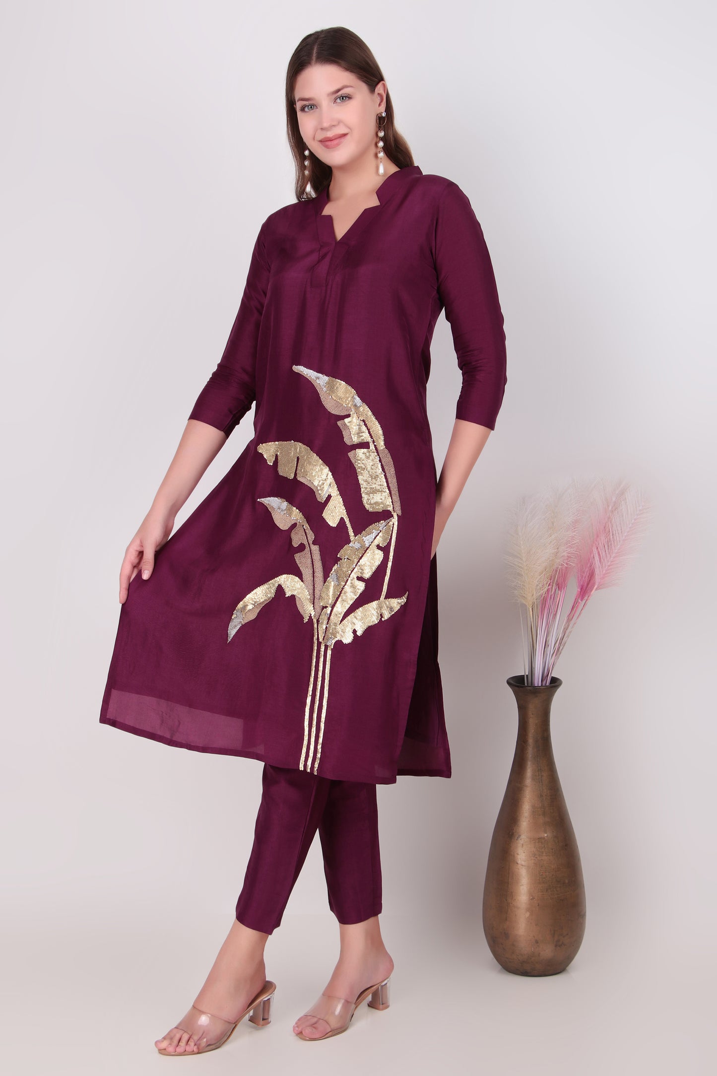 Deep Plum Cotton-Silk Sequined Leaf Motif Kurta Set with Pant