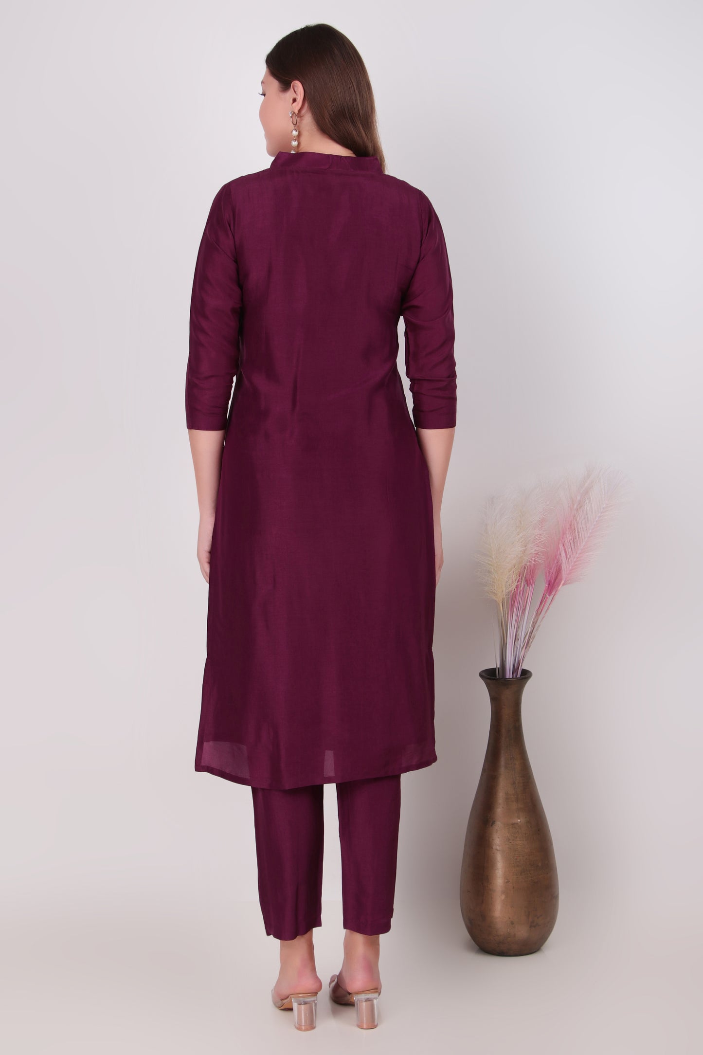 Deep Plum Cotton-Silk Sequined Leaf Motif Kurta Set with Pant