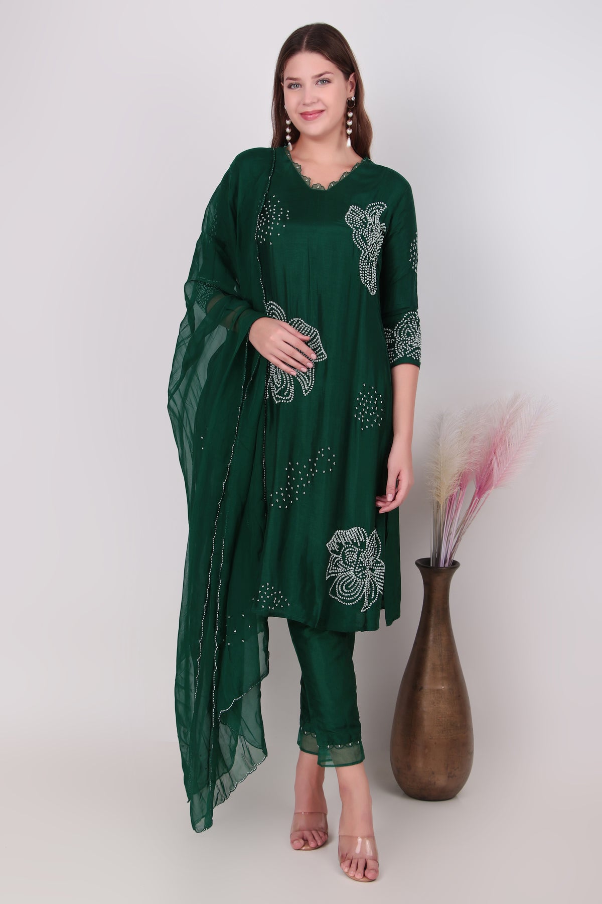 Emerald Green Cotton-Silk  Suit Set with Dupatta