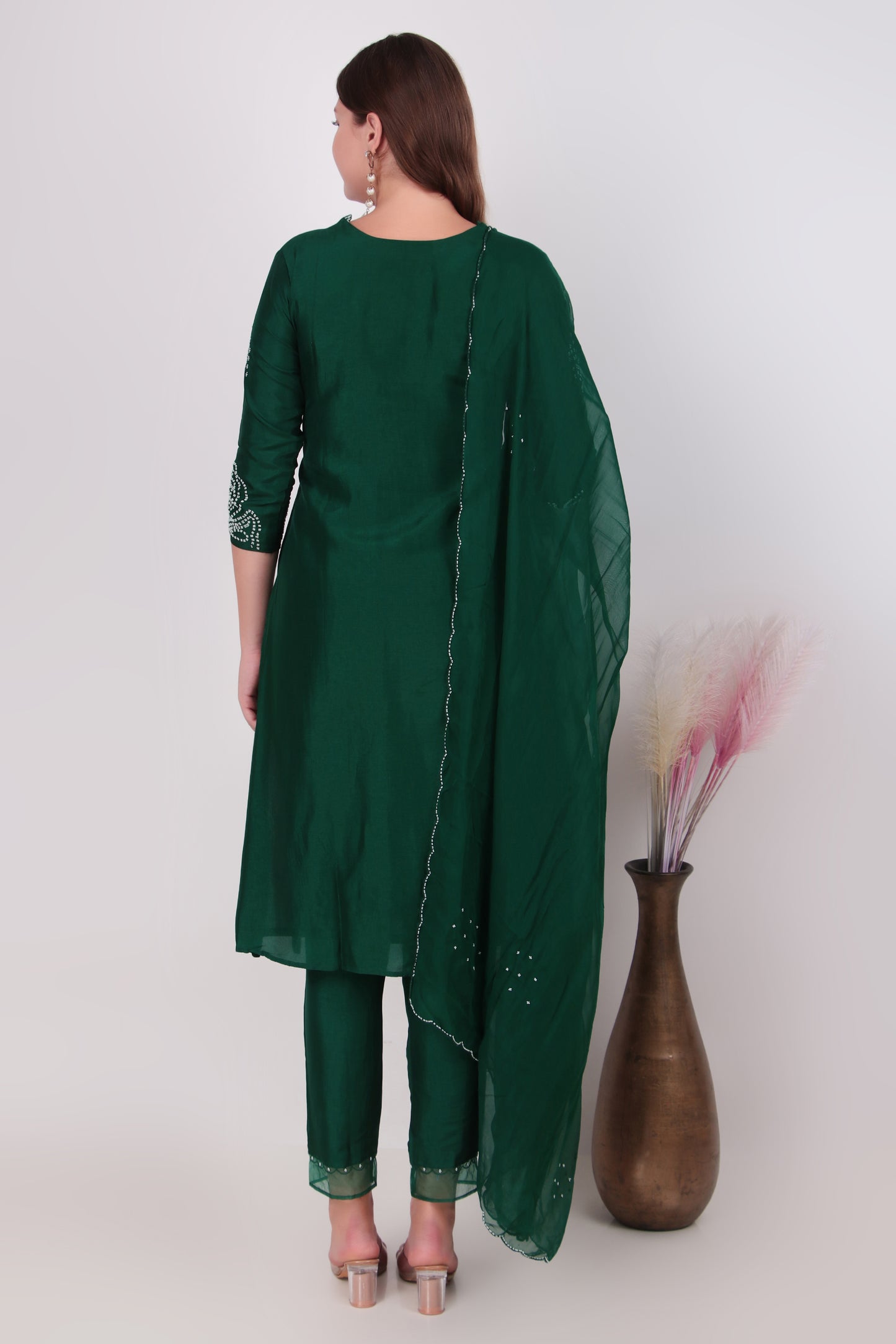 Emerald Green Cotton-Silk  Suit Set with Dupatta