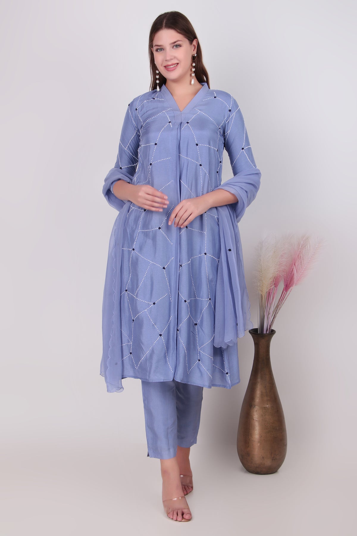 Periwinkle Blue Cotton-Silk Geometric Embroidered Suit Set with Dupatta