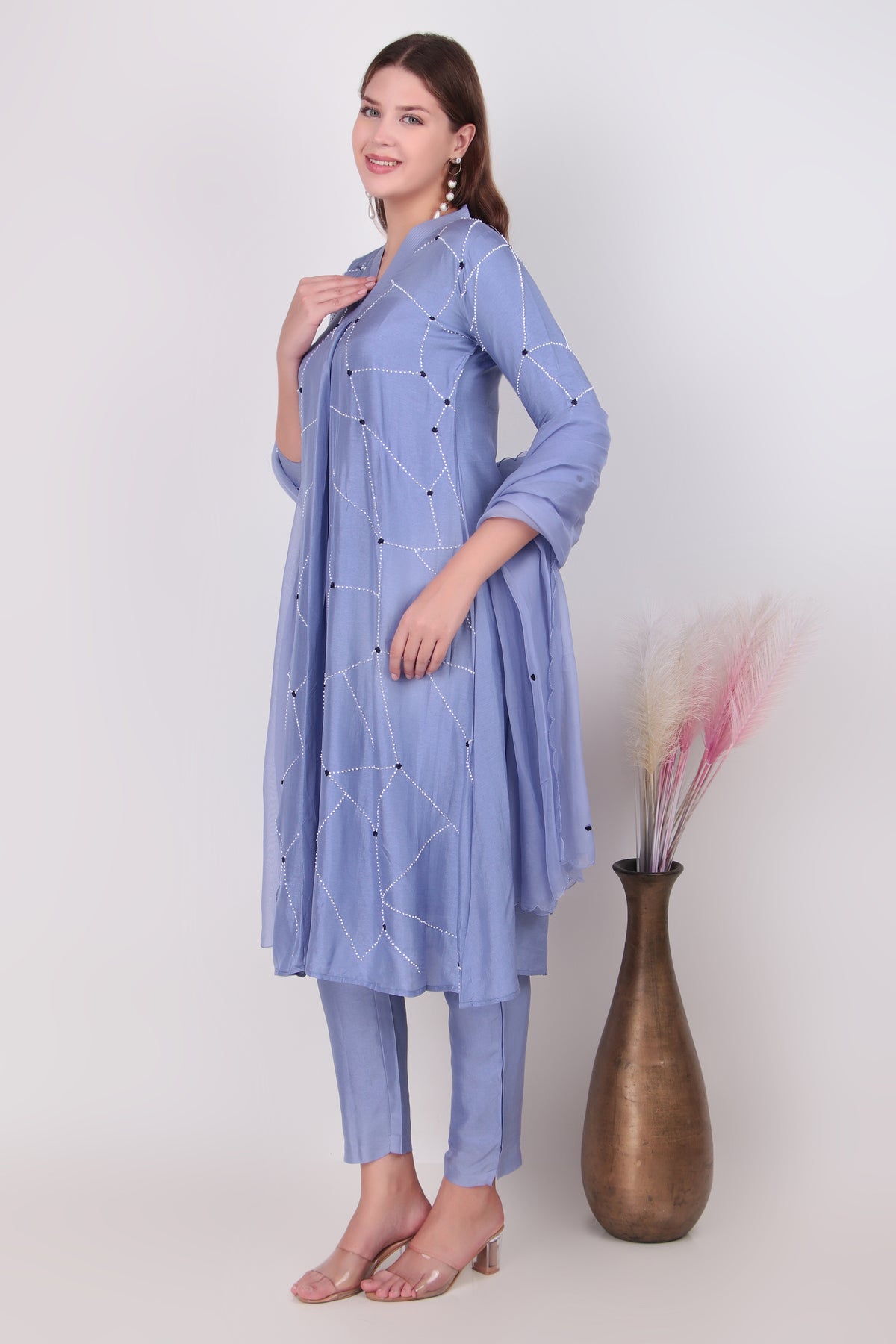 Periwinkle Blue Cotton-Silk Geometric Embroidered Suit Set with Dupatta