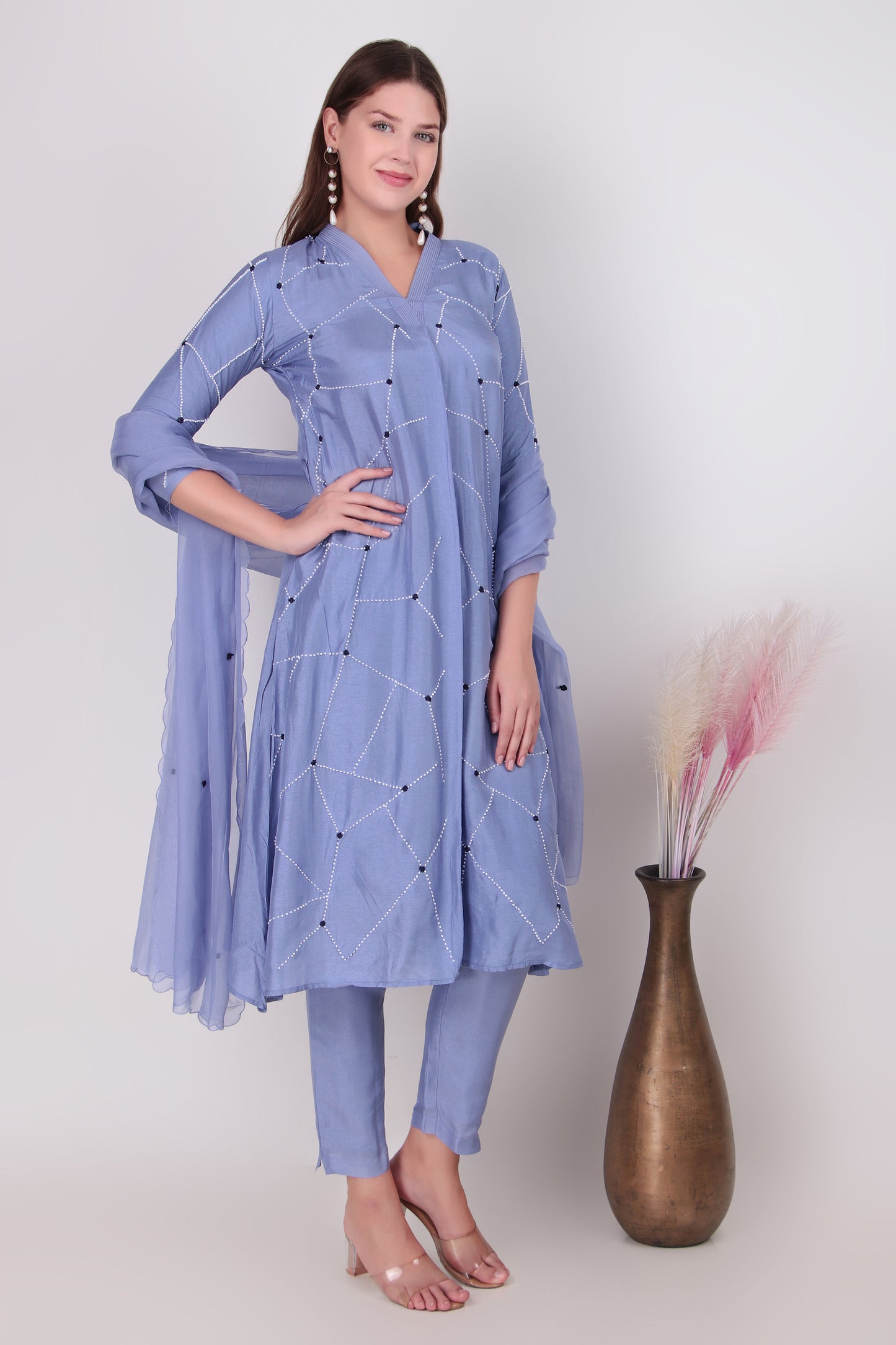 Periwinkle Blue Cotton-Silk Geometric Embroidered Suit Set with Dupatta