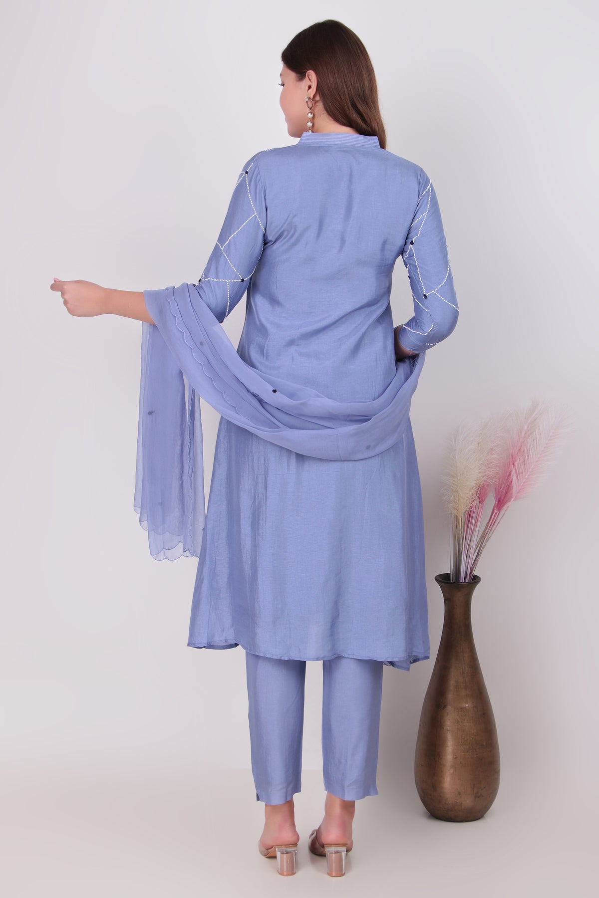 Periwinkle Blue Cotton-Silk Geometric Embroidered Suit Set with Dupatta