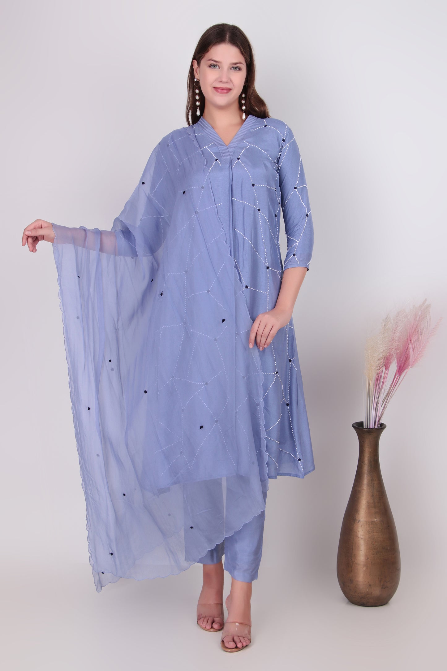 Periwinkle Blue Cotton-Silk Geometric Embroidered Suit Set with Dupatta