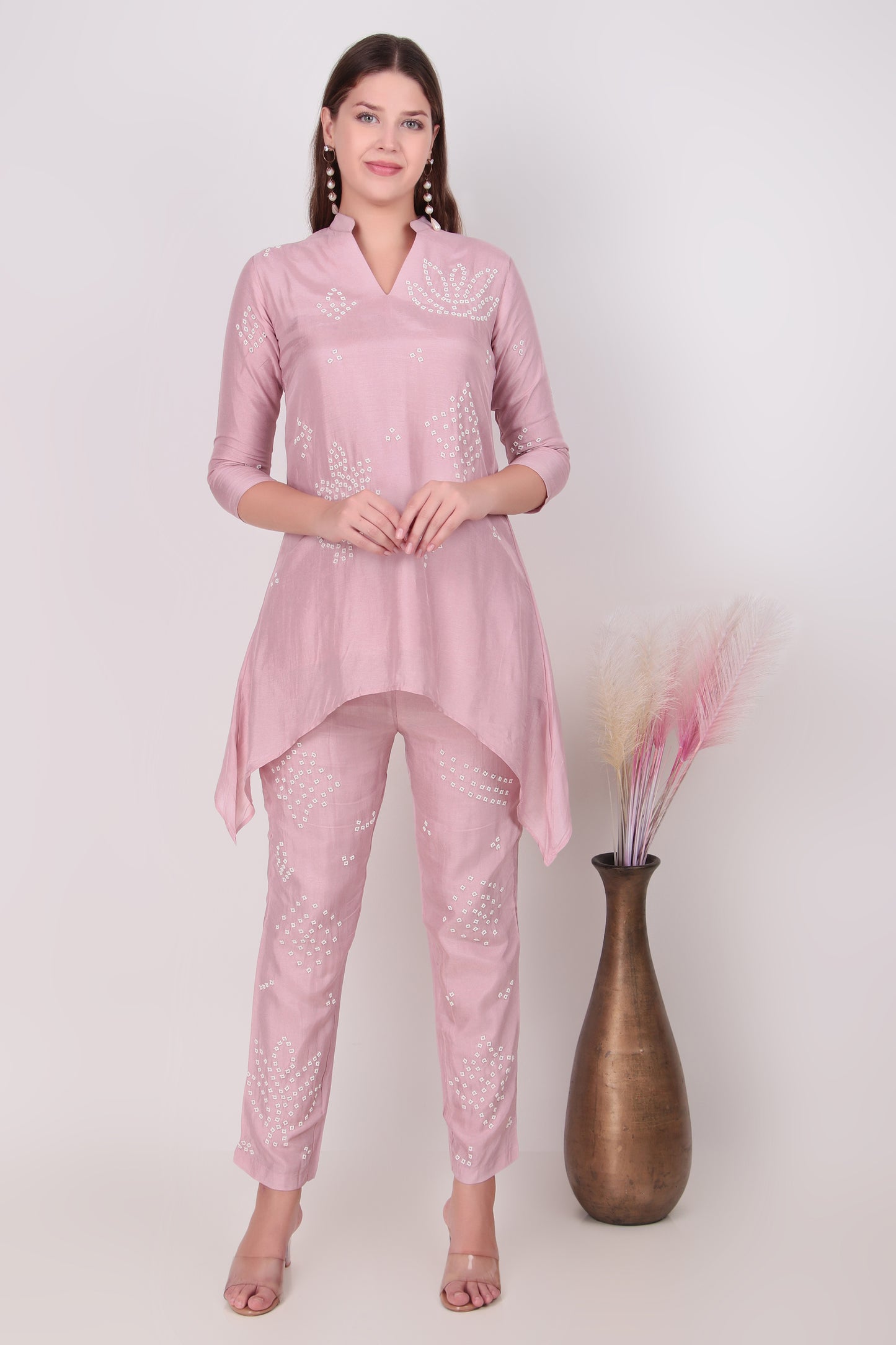 Ethereal Rose Pink Cotton-Silk Hand-Embellished Asymmetric Co-Ord Set