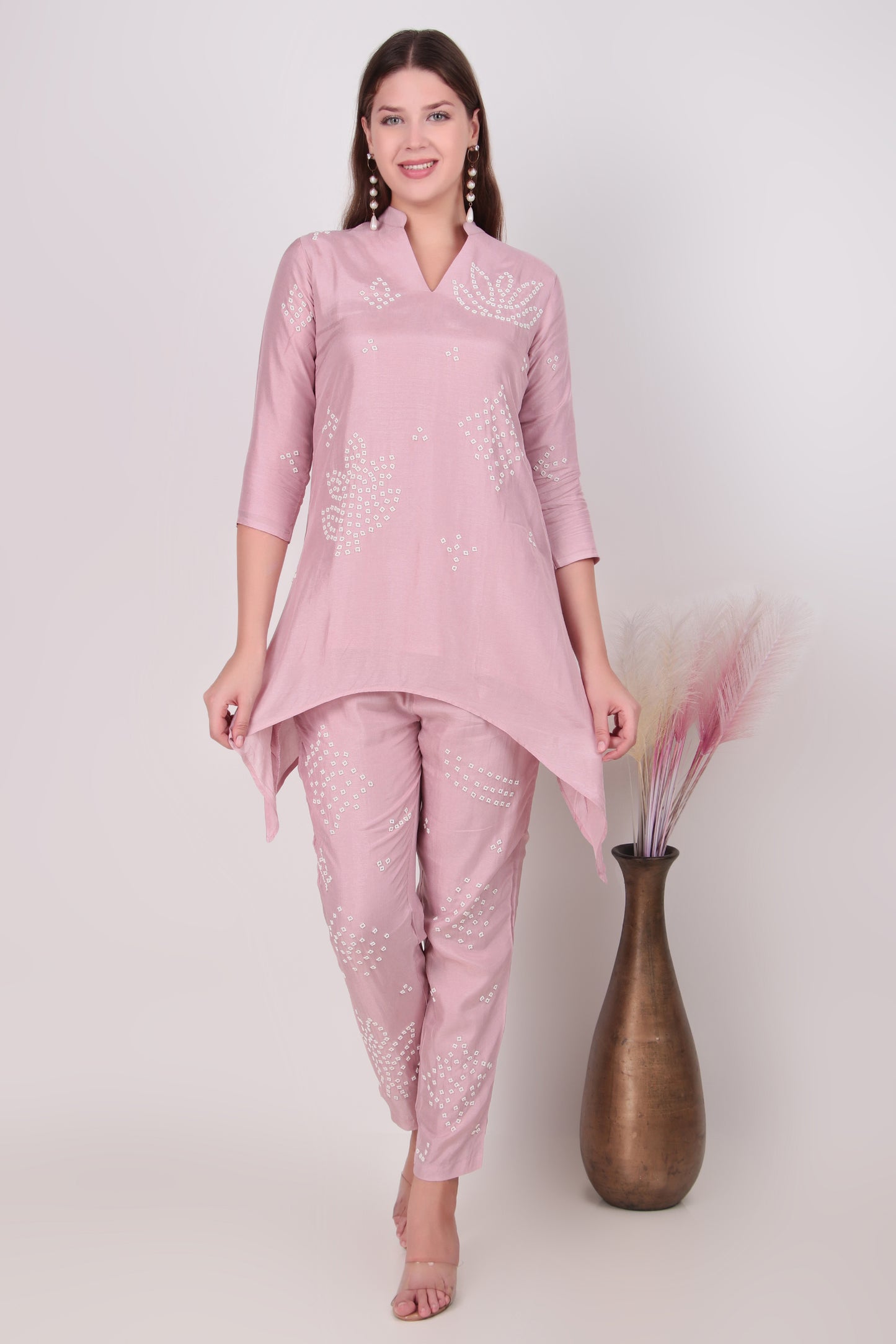 Ethereal Rose Pink Cotton-Silk Hand-Embellished Asymmetric Co-Ord Set